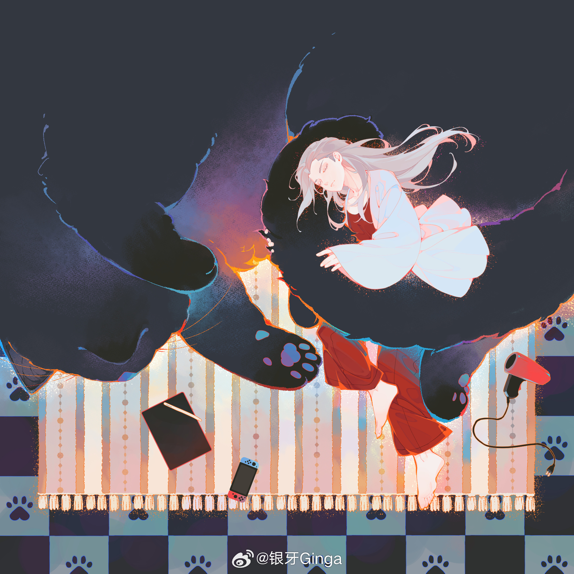 luo xiaohei, luo xiaohei (cat), luo xiaohei zhanji, highres, 1boy, 1girl, animal, barefoot, black cat, carpet, cat, checkered floor, grey hair, hair dryer, long hair, long sleeves, luye (the legend of luoxiaohei), lying, nintendo switch, oversized animal, pants, red pants, weibo 1581197152, wide sleeves