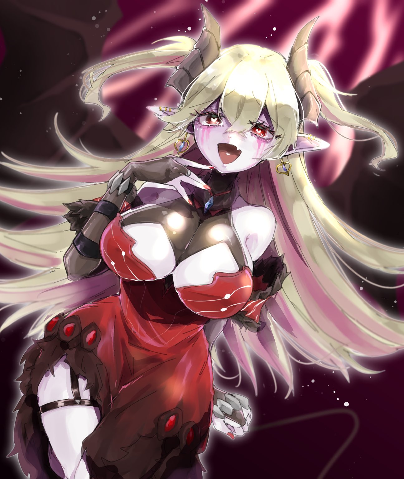 rin ms no, lacrima the crimson tears, yu-gi-oh!, commentary request, highres, 1girl, bare shoulders, black wings, blonde hair, breasts, cleavage, cowboy shot, demon girl, demon horns, demon wings, dress, duel monster, horns, large breasts, long hair, multicolored hair, pink hair, pointy ears, red dress, simple background, solo, two-tone hair, two side up, wings