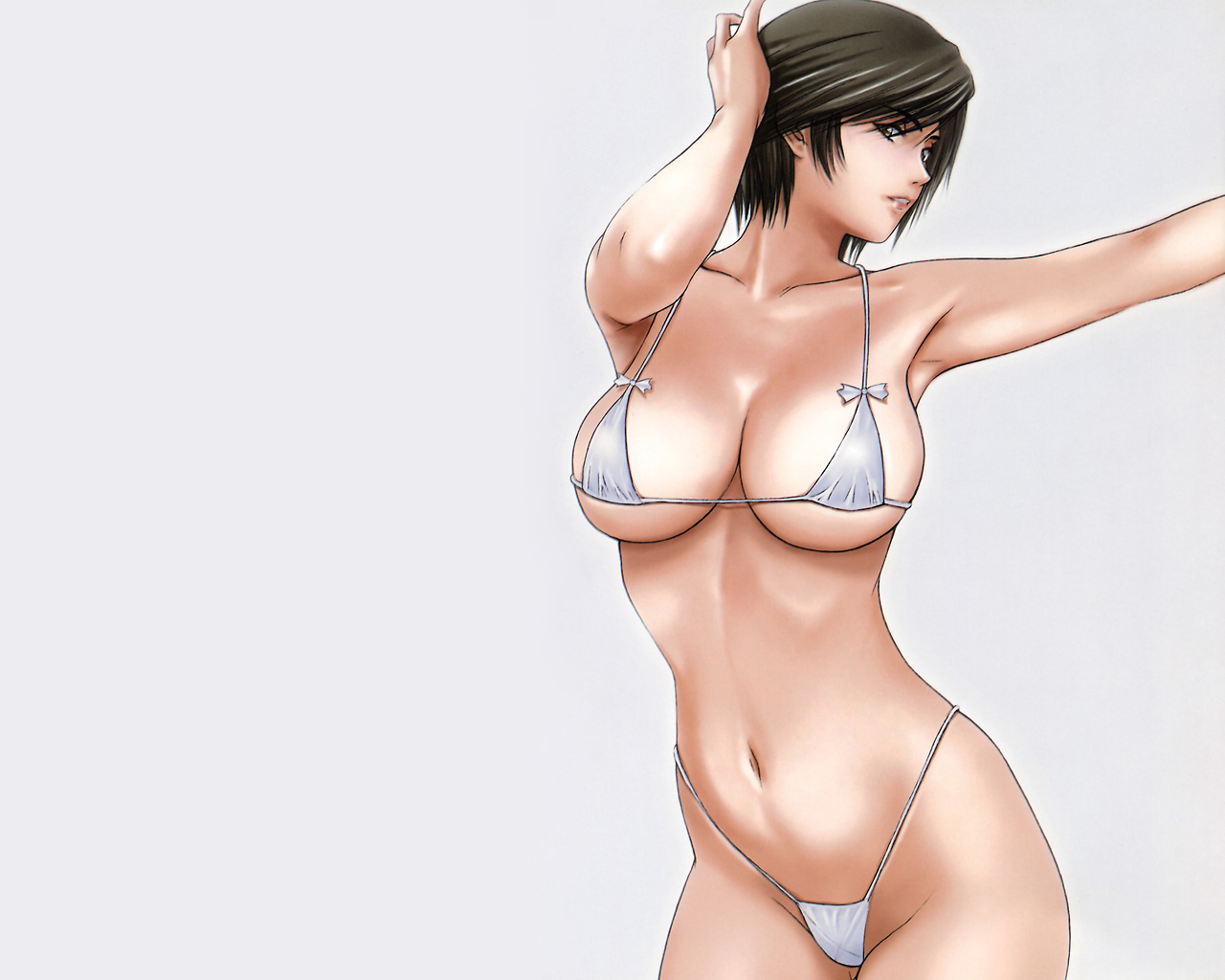 momoi nanabei, pretty well, hinomoto reiko, glamorous colors 5, rumble roses, 1girl, alternate costume, armpits, bikini, black hair, bow, bow bikini, breasts, cleavage, cowboy shot, female focus, hand on own head, highleg, highleg bikini, huge breasts, micro bikini, navel, short hair, simple background, solo, standing, string bikini, swept bangs, swimsuit, underboob, white background, white bikini