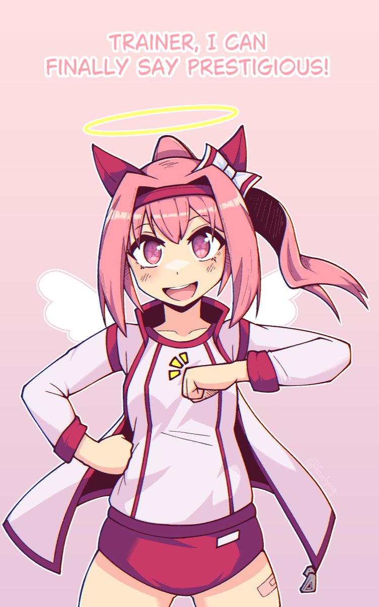 haru urara (umamusume), umamusume, highres, 1girl, angel wings, animal ears, bandaid on thigh, collarbone, english text, faetpng, flower in eye, hair intakes, halo, high ponytail, horse ears, horse girl, jacket, looking at viewer, open clothes, open jacket, pink background, pink eyes, pink hair, ponytail, solo, symbol in eye, wings