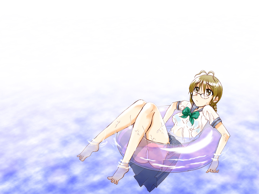 original, 1girl, female focus, glasses, innertube, panties, partially submerged, school uniform, serafuku, solo, swim ring, underwear, wet, wet clothes