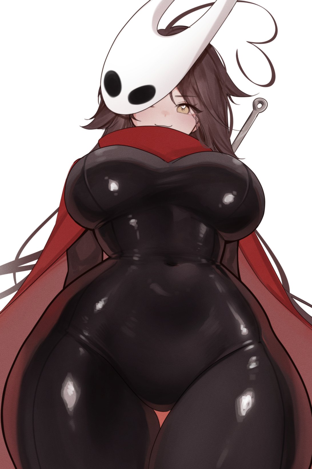 sky above me, hornet (hollow knight), sky above me (vtuber), hollow knight, indie virtual youtuber, commentary, highres, 1girl, ahoge, black bodysuit, blush, bodysuit, breasts, brown eyes, brown hair, cloak, closed mouth, cosplay, covered navel, from below, heart, heart ahoge, heart in eye, hornet (hollow knight) (cosplay), large breasts, looking at viewer, mask, mask on head, red cloak, simple background, skin tight, smile, solo, symbol in eye, thigh gap, virtual youtuber, white background, white mask