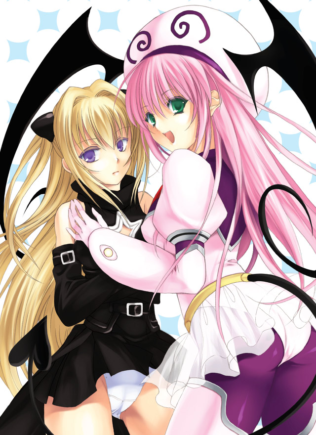 ayase hazuki, konjiki no yami, lala satalin deviluke, peke (to love-ru), to love-ru, 00s, 2girls, bare shoulders, blonde hair, bodysuit, cameltoe, demon tail, detached sleeves, dress, green eyes, hat, leotard, multiple girls, panties, pink hair, purple bodysuit, tail, twintails, two side up, underwear