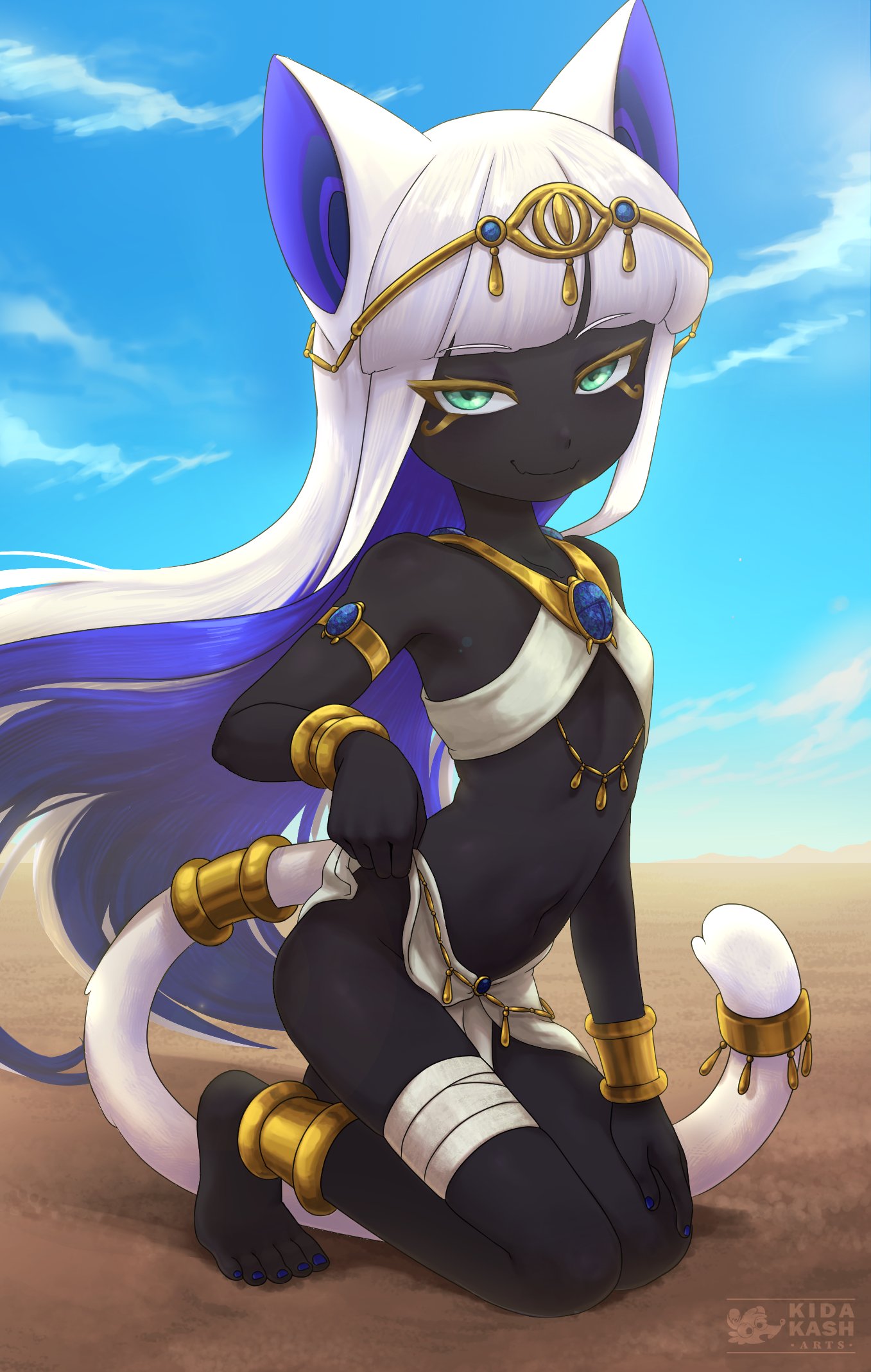kidakash, original, highres, ancient egyptian, armlet, black skin, bracelet, cat girl, colored inner hair, colored skin, dark-skinned female, dark skin, desert, eye of horus, facepaint, gold, green eyes, jewelry, kneeling, looking at viewer, multicolored hair, pulling own clothes, smirk, usekh collar, white hair
