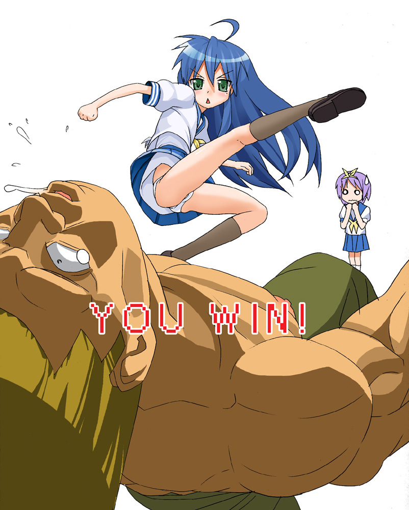 guile, hiiragi tsukasa, izumi konata, capcom, lucky star, street fighter, 00s, 1boy, 2girls, battle, crossover, flattop, kicking, mole, mole under eye, multiple girls, nipples, o o, panties, pantyshot, school uniform, serafuku, sweatdrop, underwear, upskirt