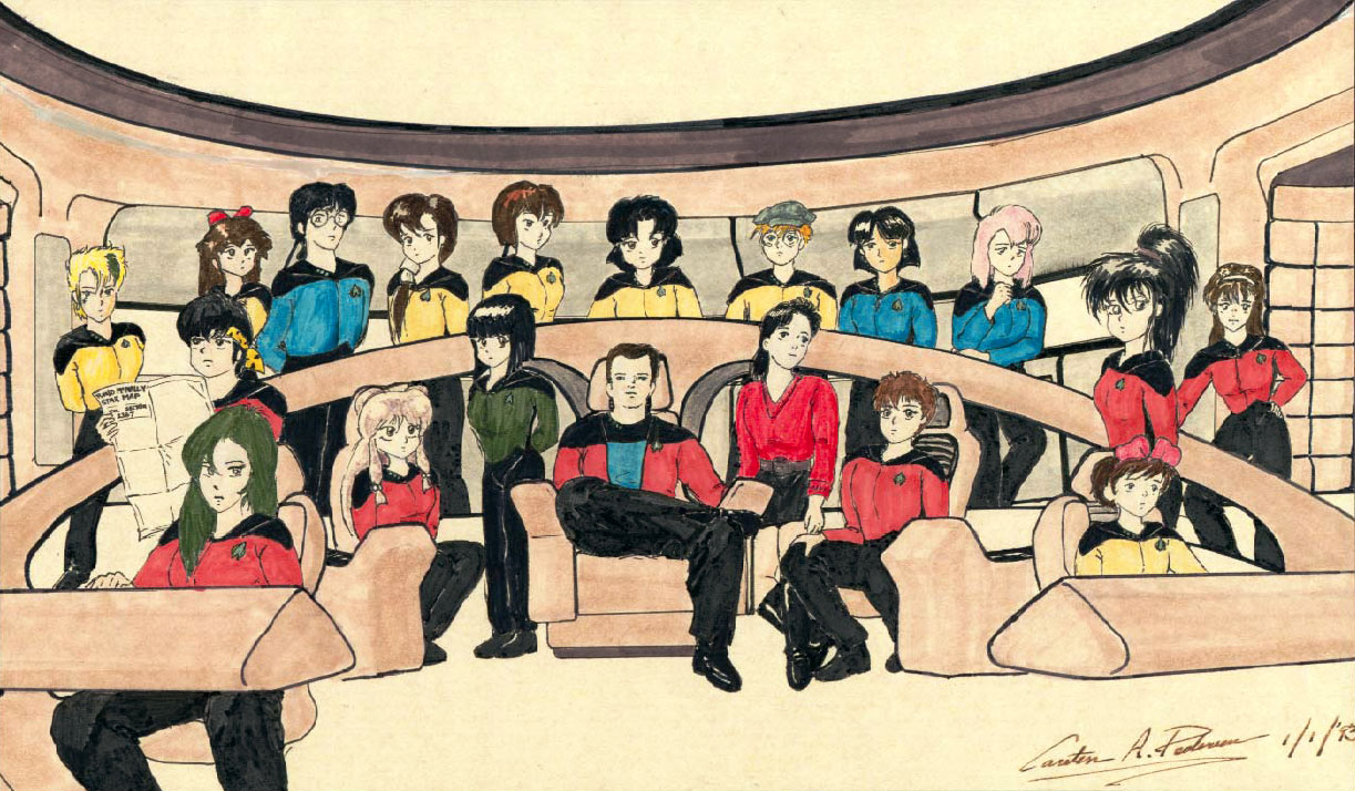 ayukawa madoka, catty, hibiki ryouga, izumi noa, jean roque lartigue, jean roque raltique, jenius milia, kiki (majo no takkyuubin), kuonji ukyou, lufy, meltrandi, nadia la arwall, nausicaa, ono tofu, shampoo (ranma 1/2), takaya noriko, tendou akane, tendou kasumi, tendou nabiki, tsujimoto natsumi, zentradi, choujikuu yousai macross, fushigi no umi no nadia, gall force, kaze no tani no nausicaa, kidou keisatsu patlabor, kimagure orange road, macross, macross: do you remember love?, majo no takkyuubin, ranma 1/2, star trek, star trek: the next generation, studio ghibli, taiho shichauzo, top wo nerae!, top wo nerae! (series), 1980s (style), annotation request, traditional media, 1990s (style), 1993, 5boys, 6+girls, bad anatomy, change, crossover, everyone, multiple boys, multiple girls, oldschool, parody, poorly drawn, retro artstyle, signature, starfleet uniform, uss enterprise (star trek)