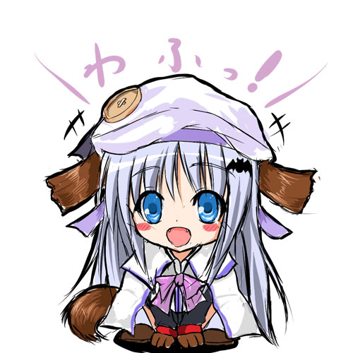 ryuushou, noumi kudryavka, little busters!, silver hair, lowres, 1girl, animal ears, blue eyes, bow, buttons, dog ears, dog tail, fangs, female focus, hat, large buttons, long hair, pink bow, solo, squatting, tail