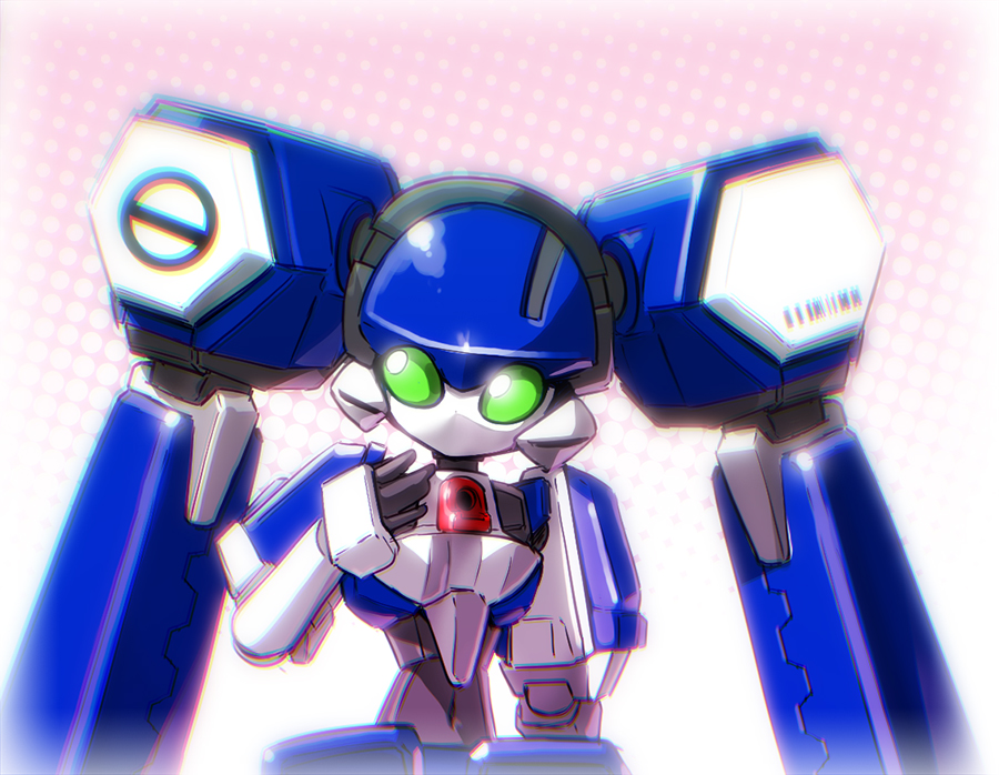 sanbonzuno, blazermate, medarot, 1girl, green eyes, humanoid robot, joints, mechanical hair, no mouth, no nose, robot, robot girl, robot joints, solo, twintails