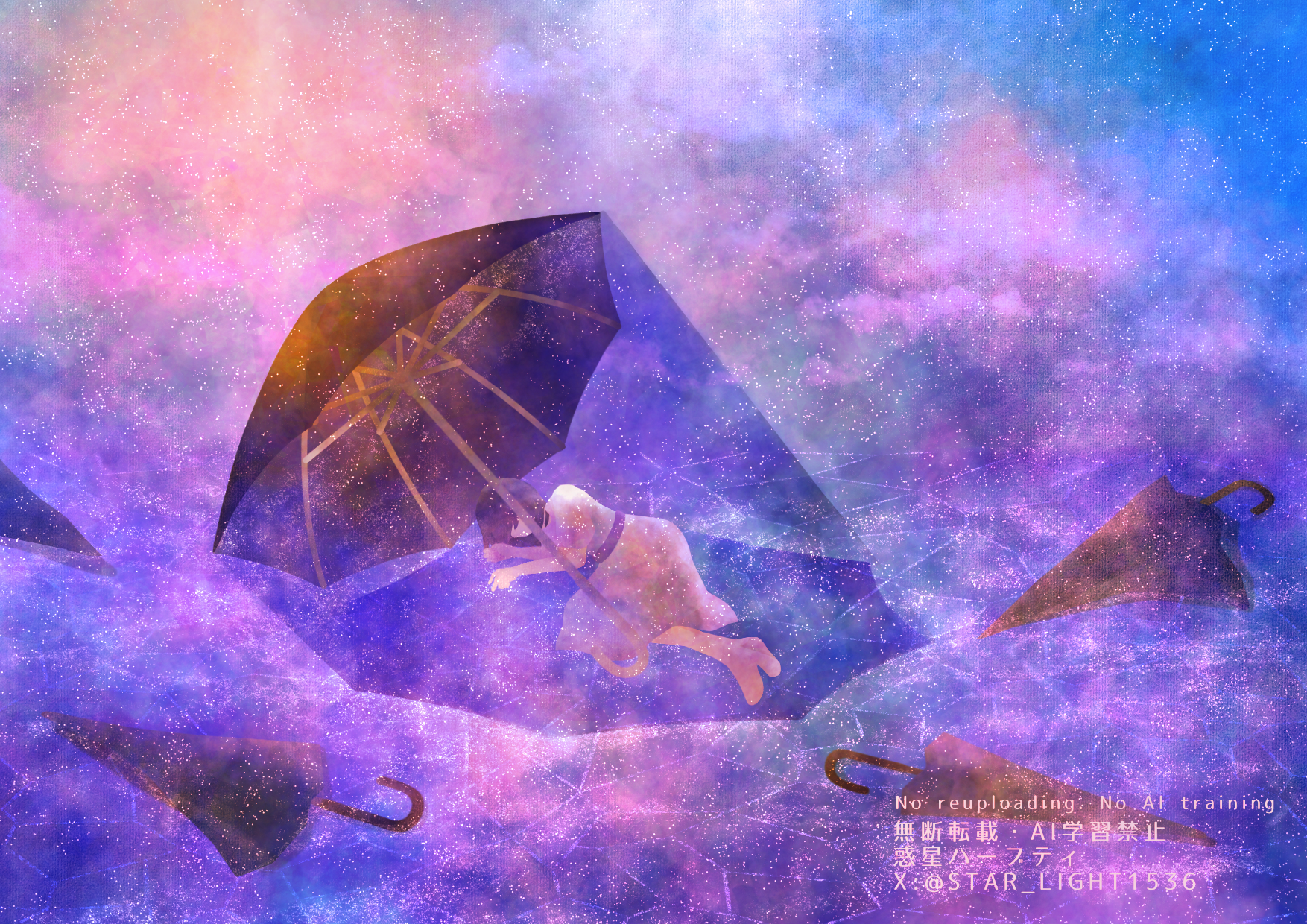 wakusei habuti, original, commentary request, highres, 1girl, barefoot, black hair, black umbrella, closed umbrella, dress, grey dress, lying, on side, shade, short hair, short sleeves, sleeping, solo, twitter username, umbrella, wide shot