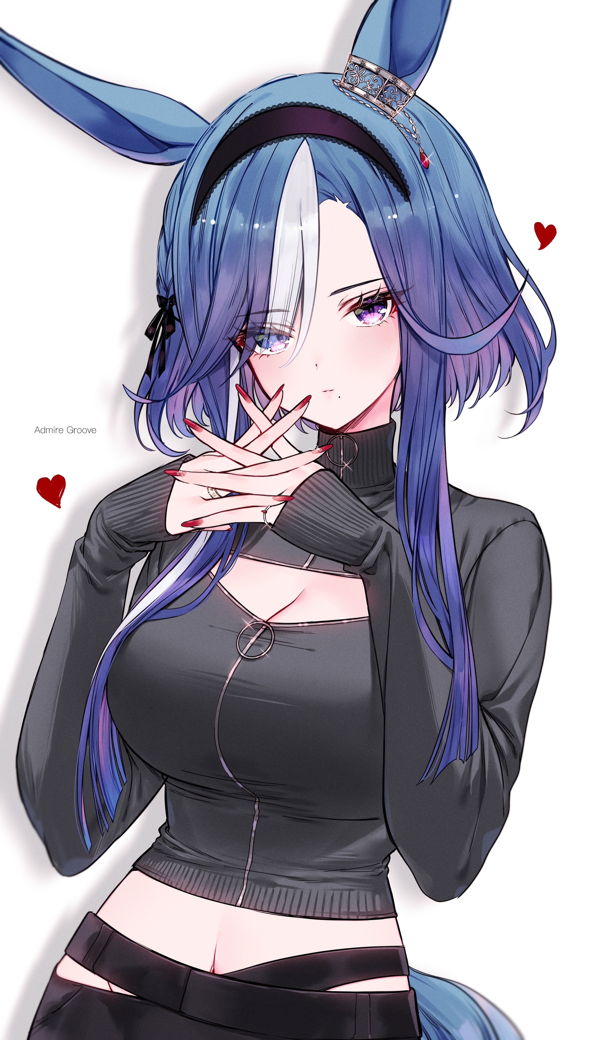 tetora (oudonoishiize), admire groove (umamusume), umamusume, absurdres, highres, 1girl, alternate costume, animal ears, black hairband, black jacket, blue hair, blue tail, breasts, character name, cleavage, cleavage cutout, closed mouth, clothing cutout, ear ornament, fingernails, hairband, heart, horse ears, horse girl, horse tail, interlocked fingers, jacket, large breasts, looking at viewer, midriff, mole, mole under mouth, nail polish, navel, red nails, short hair, short hair with long locks, sidelocks, simple background, sleeves past wrists, solo, tail, upper body, white background, white streaks