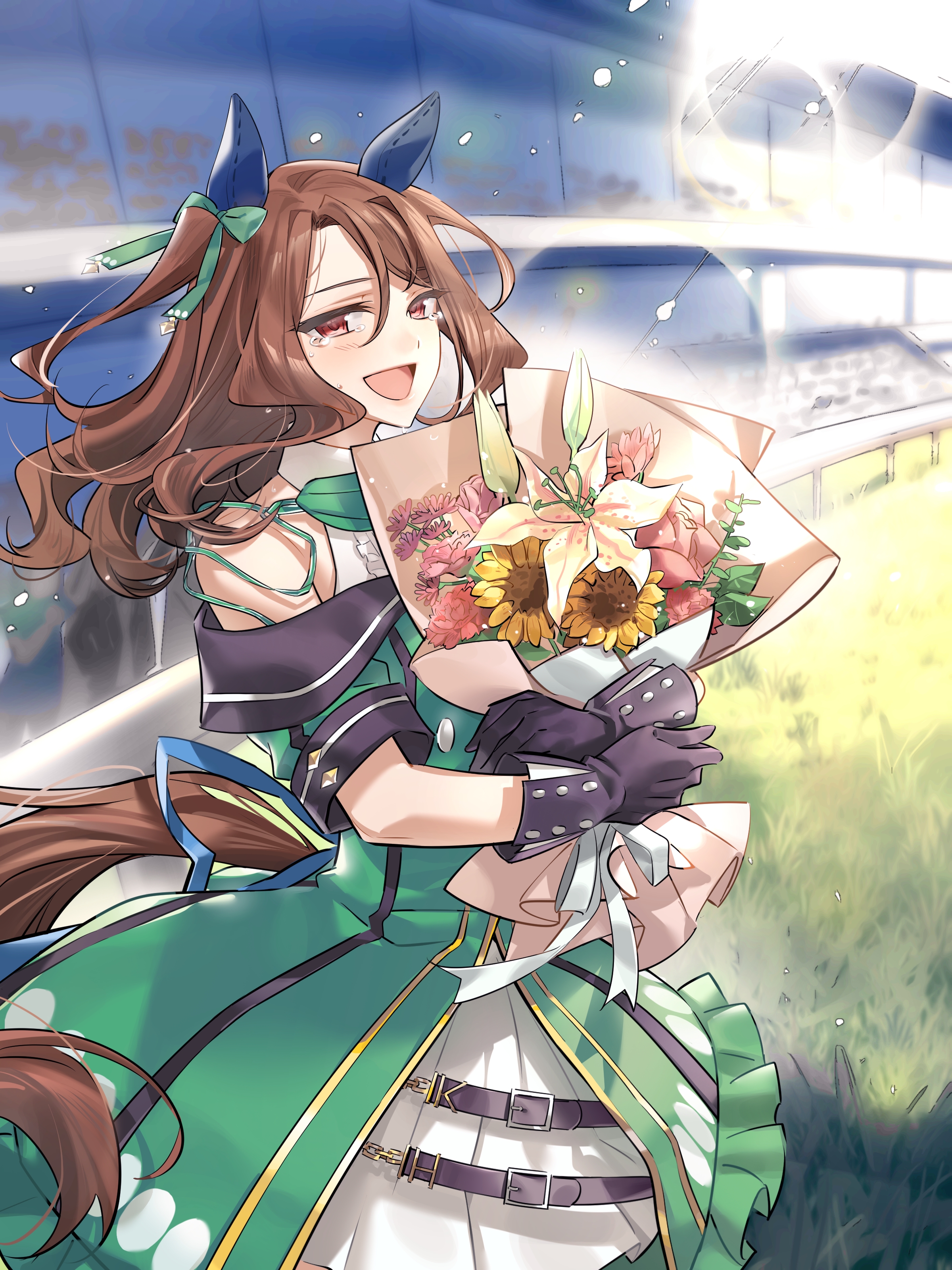 king halo (umamusume), umamusume, absurdres, highres, 1girl, auditorium, black gloves, brown hair, crowd, dress, ear covers, flower, gloves, grass, green dress, holding, holding flower, horse racing track, layered dress, lifankanglzj, looking at viewer, meadow, off shoulder, open mouth, outdoors, red eyes, solo