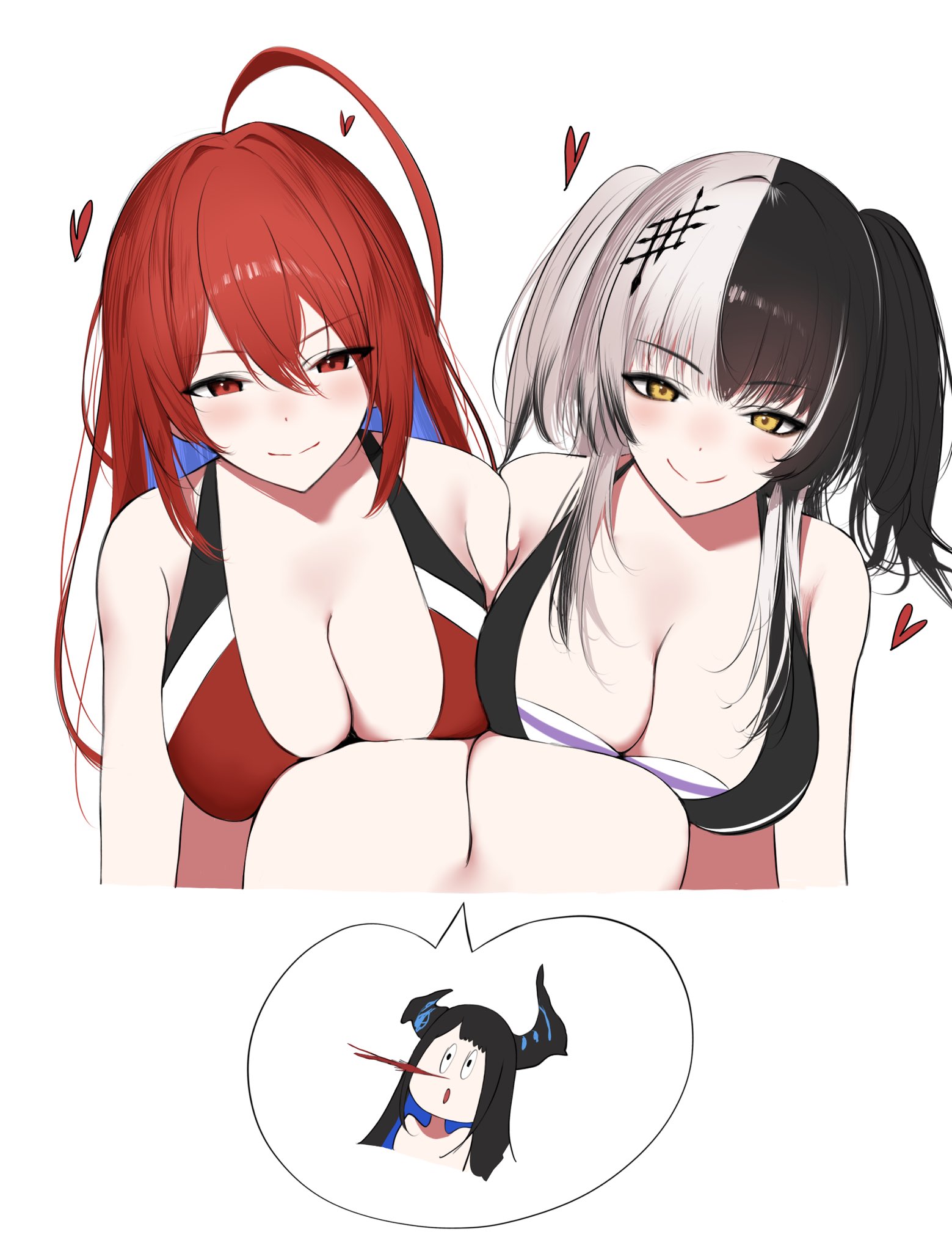 mulhubs, elizabeth rose bloodflame, elizabeth rose bloodflame (holonatsu paradise), nerissa ravencroft, shiori novella, hololive, hololive english, highres, aroused nosebleed, black hair, black horns, blood, breast press, breasts, cleavage, closed mouth, grey hair, heart, hololive summer 2023 swimsuit, horns, large breasts, long hair, looking at viewer, multicolored hair, nosebleed, red eyes, red hair, smile, speech bubble, split-color hair, spoken character, symmetrical docking, twintails, two-tone hair, virtual youtuber, yellow eyes, yuri