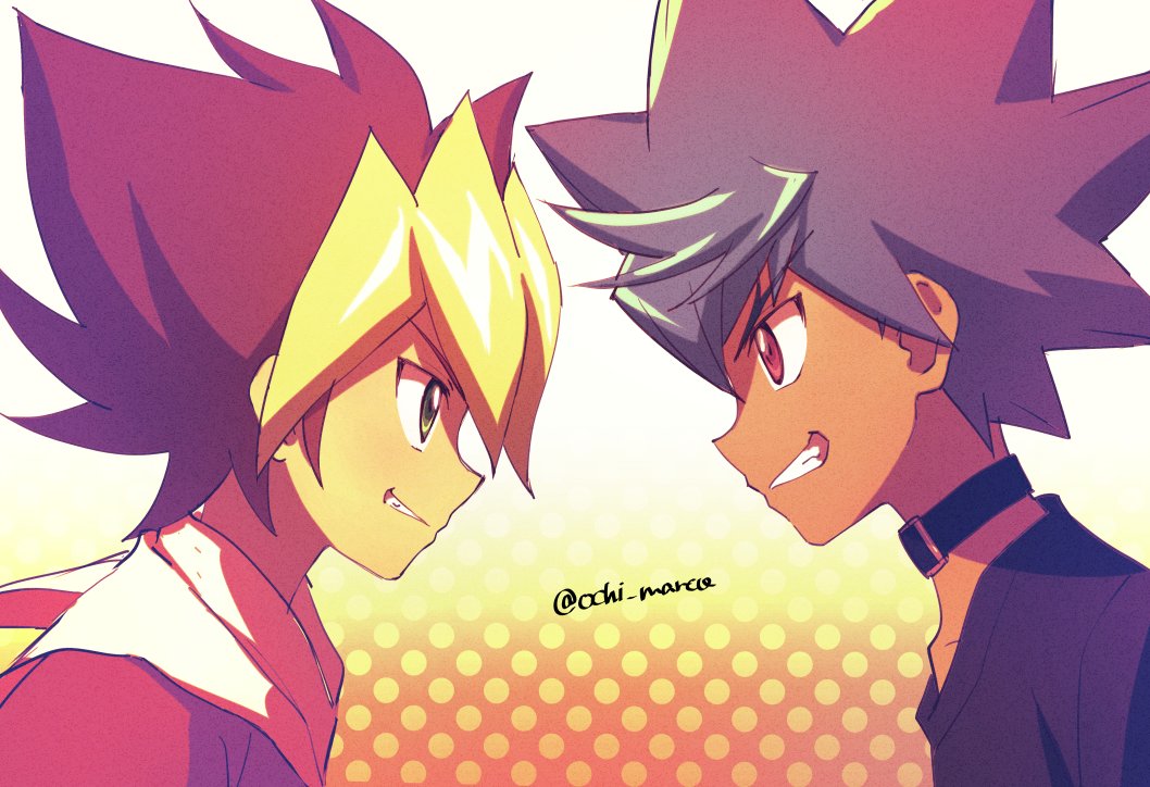 ochi marco, yu-gi-oh!, yu-gi-oh! sevens, character request, 2boys, black collar, black shirt, blonde hair, blue hair, brown eyes, brown hair, collar, green eyes, jacket, male focus, multicolored hair, multiple boys, profile, red jacket, shirt, smirk, spiked hair, two-tone hair, upper body