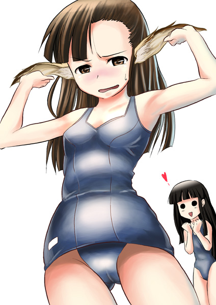 konoe konoka, sakurazaki setsuna, mahou sensei negima!, 00s, 2girls, animal ears, happy, heart, multiple girls, one-piece swimsuit, school swimsuit, swimsuit, yuri