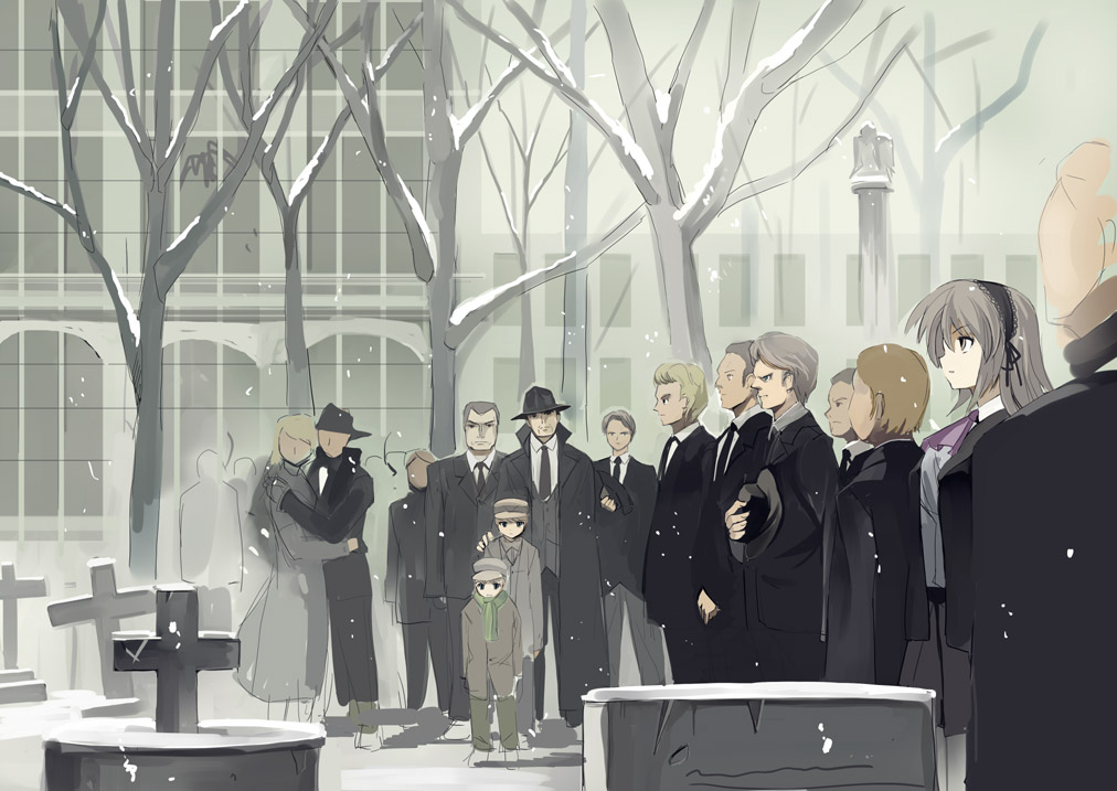 seo tatsuya, sakagami tomoyo, baccano!, clannad, 2girls, 6+boys, child, cross, crossover, fedora, formal clothes, graveyard, hat, holding, latin cross, multiple boys, multiple girls, newsboy cap, parody, scarf, snow, snowing, suit