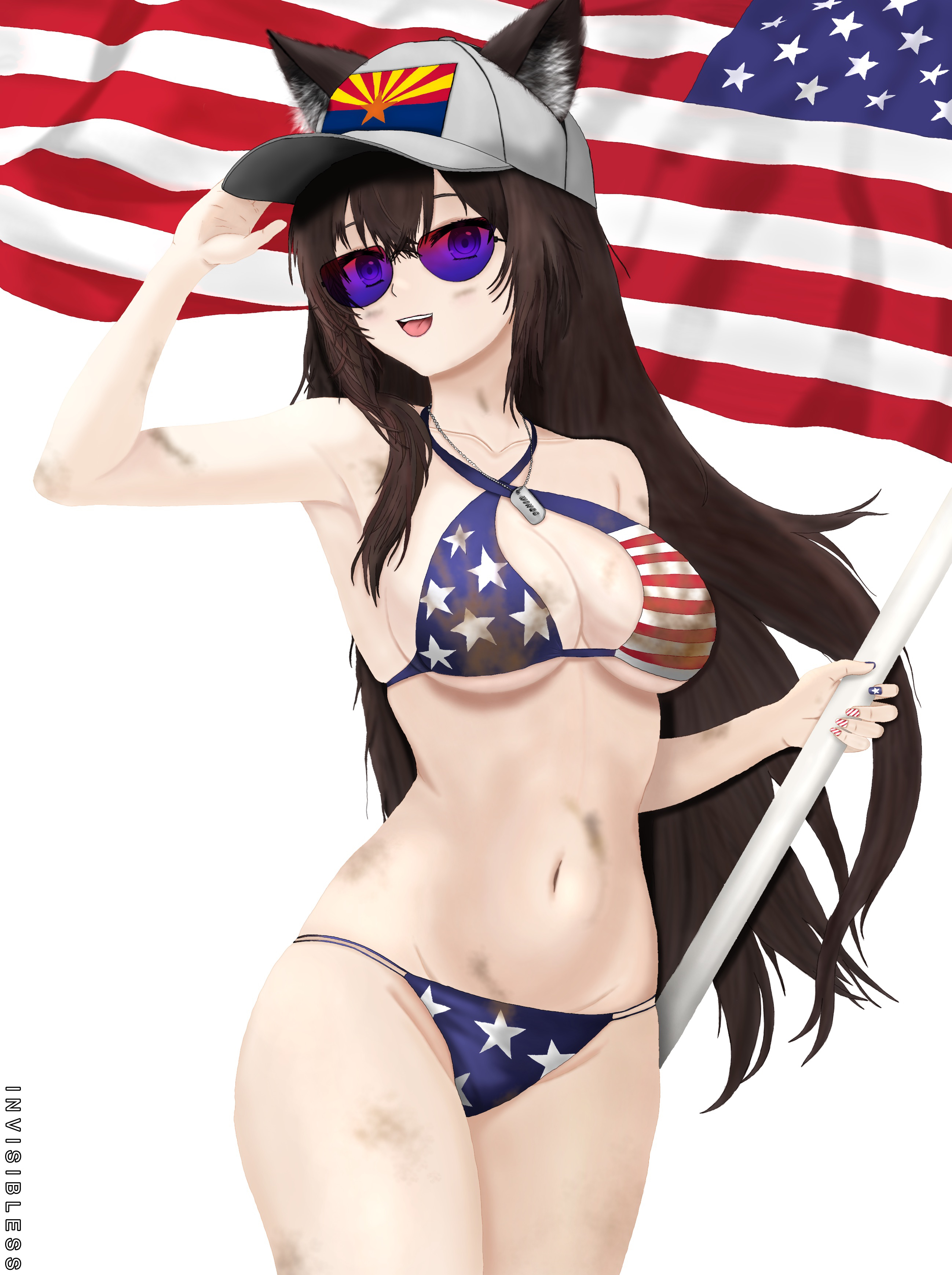 invisibless, original, absurdres, commentary, english commentary, highres, 1girl, american flag, american flag bikini, american flag print, animal ear fluff, animal ears, arizona (invisibless), arizona flag, artist name, bare shoulders, baseball cap, bikini, bikini print, breasts, brown hair, cleavage, collarbone, dated commentary, dirt, feet out of frame, flag, flag print, flag print bikini, hand up, hat, holding, holding flag, jewelry, long hair, looking at viewer, medium breasts, multicolored nails, nail polish, navel, necklace, open mouth, print bikini, salute, sidelocks, smile, solo, standing, sunglasses, swimsuit, teeth, upper teeth only, very long hair, white background