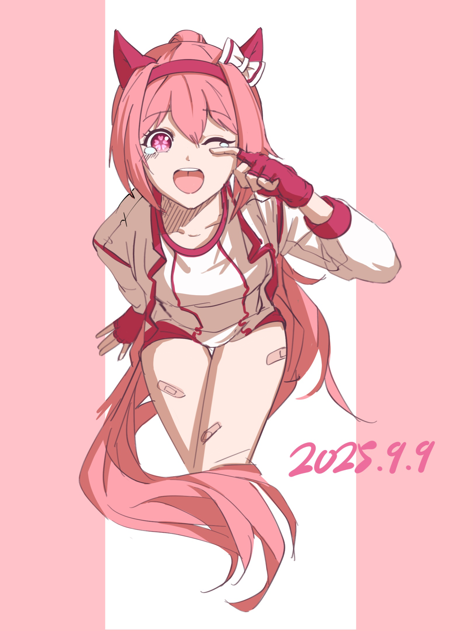 taijie01855, haru urara (umamusume), umamusume, highres, 1girl, animal ears, bandaid on thigh, dated, ear covers, fingerless gloves, gloves, hairband, high ponytail, horse ears, horse girl, horse tail, jacket, looking at viewer, open clothes, open jacket, open mouth, pink eyes, pink hair, pink hairband, ponytail, red gloves, solo, tail, tears, wiping tears