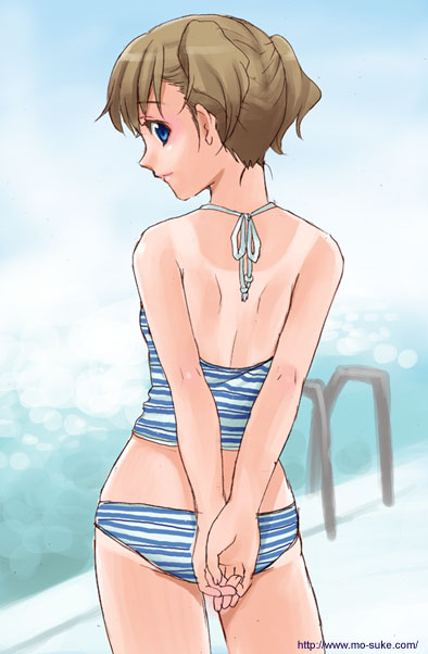 mattaku mousuke, original, 1girl, back, bikini, blue eyes, brown hair, cowboy shot, day, female focus, from behind, halterneck, looking back, one-piece tan, outdoors, own hands together, solo, striped bikini, striped clothes, swimsuit, tan, tankini, tanline, watermark, web address