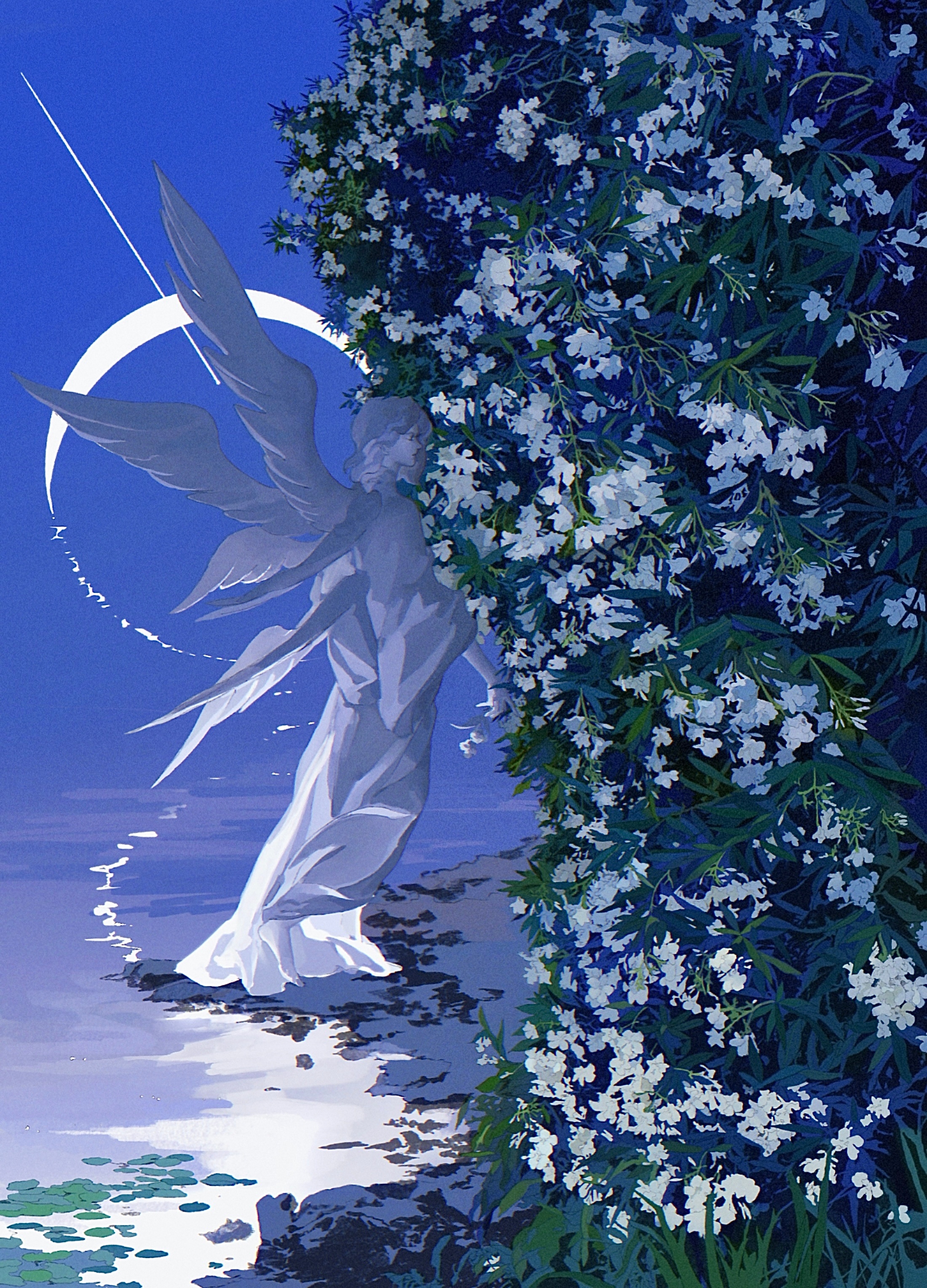 ye (ran chiiipye), absurdres, copyright request, highres, angel, angel wings, barefoot, flower, leaf, long hair, long sleeves, multiple wings, plant, ripples, shadow, solo, white flower, wide shot, wide sleeves, wings