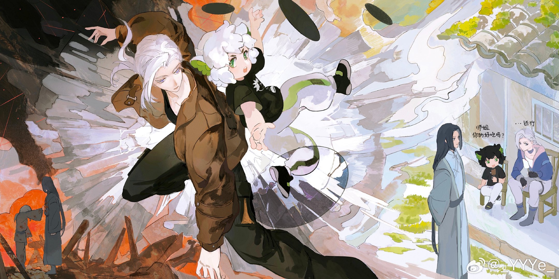 ye (ran chiiipye), luo xiaohei, luo xiaohei (human), wuxian (the legend of luoxiaohei), luo xiaohei zhanji, highres, translation request, 1girl, 2boys, animal ears, arms behind back, black hair, black pants, black shirt, blue jacket, brown jacket, cat boy, cat ears, chair, food, ice cream, jacket, long hair, low-tied long hair, luye (the legend of luoxiaohei), multiple boys, multiple views, pants, ponytail, print shirt, shirt, short sleeves, very long hair, white hair