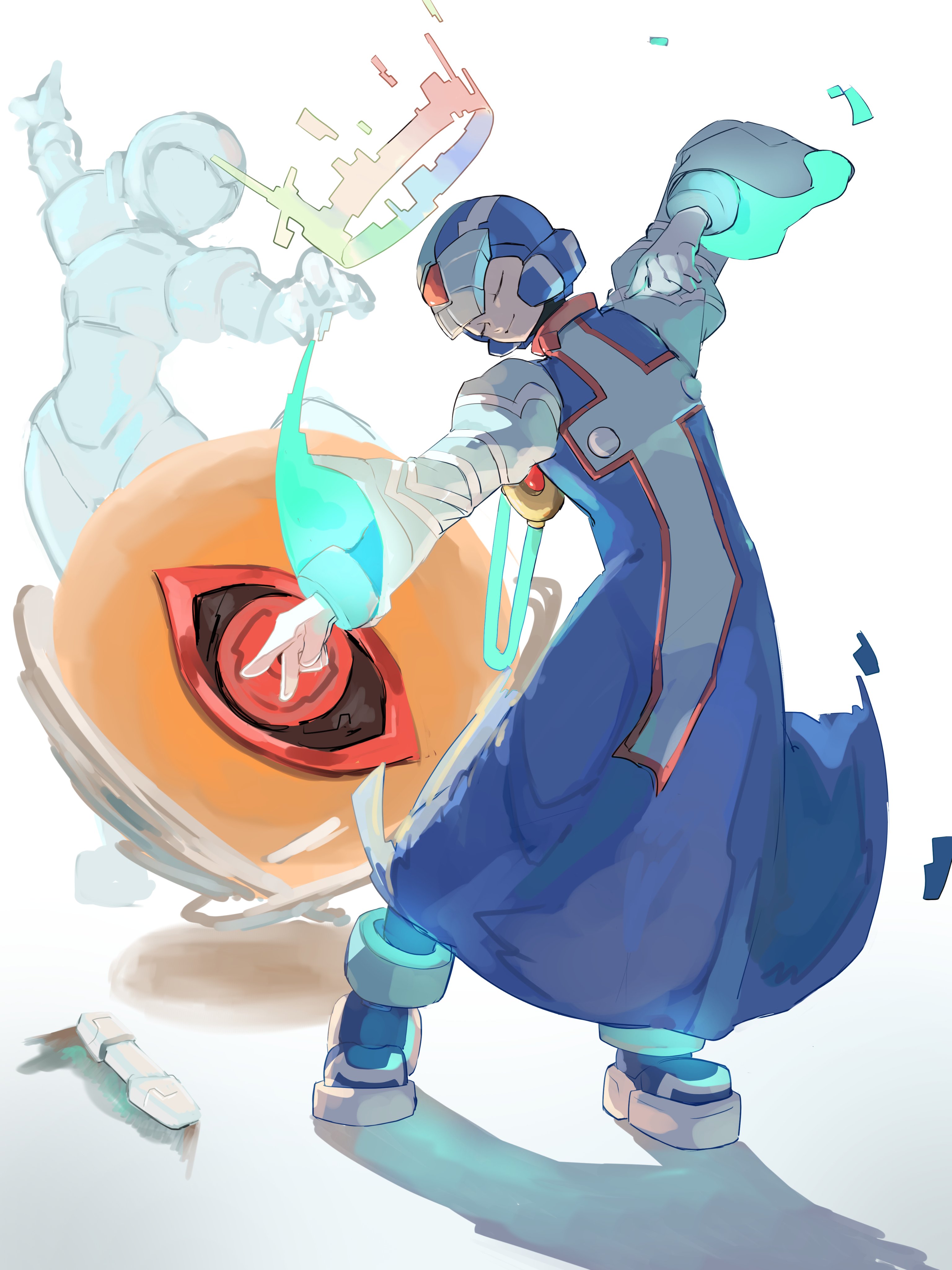omochi (mochi skymega), cyber elf x (mega man), x (mega man), mega man (series), mega man x (series), mega man zero (series), absurdres, highres, 2boys, blue helmet, blue robe, closed eyes, forehead jewel, full body, halo, helmet, multiple boys, robe, simple background, solo focus, white background