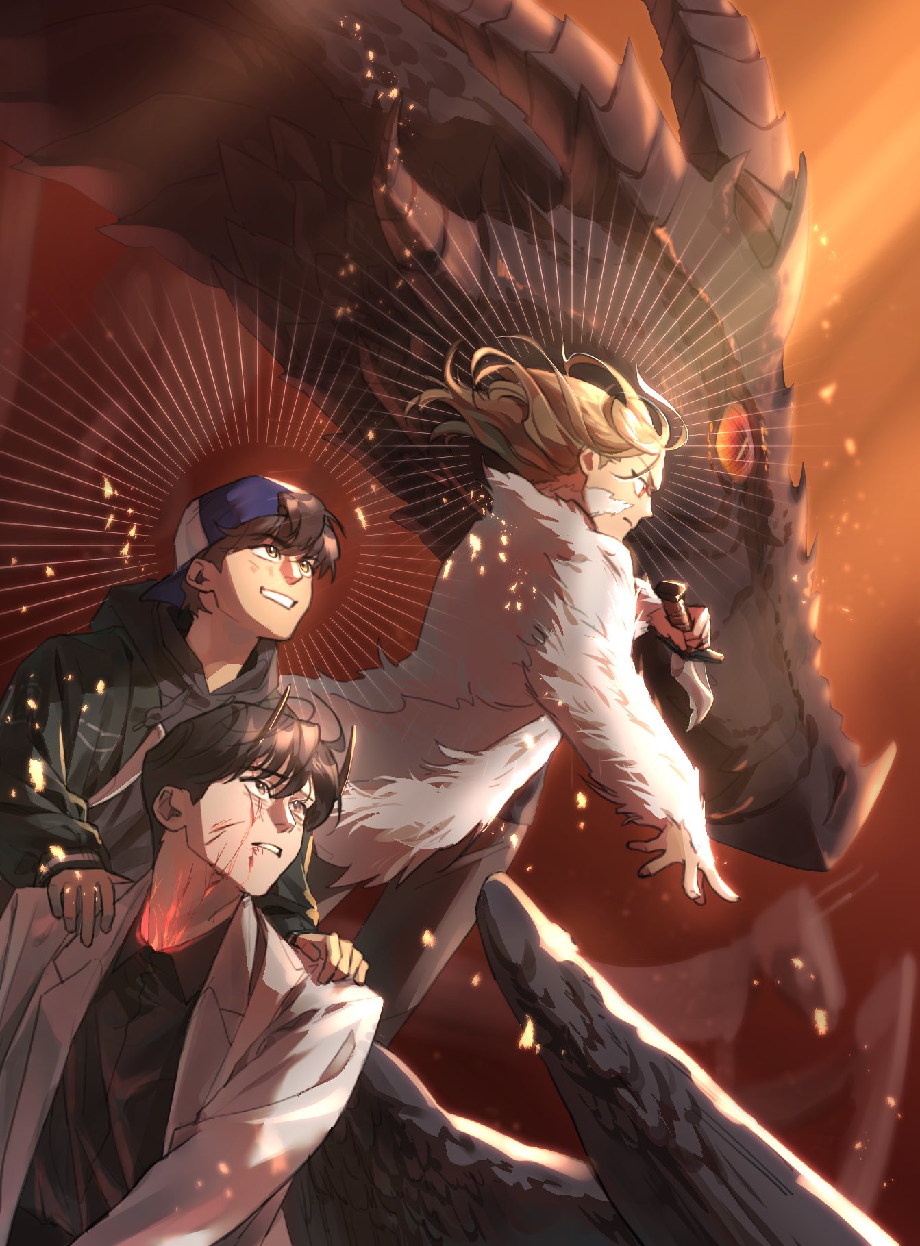 guding nut, kim dokja, lee gilyoung, shin yoosung, omniscient reader's viewpoint, highres, 1girl, 2boys, animal, backwards hat, black hair, black hoodie, black shirt, black wings, blonde hair, blood, blood on face, bloody tears, coat, curtained hair, dagger, demon horns, dragon, feathered wings, fur jacket, grin, hair flowing over, halo, halo behind head, hand on another's shoulder, hat, holding, holding dagger, holding knife, holding weapon, hood, hoodie, horns, jacket, knife, light particles, light rays, looking to the side, medium hair, multiple boys, official alternate costume, red eyes, serious, shirt, smile, weapon, white coat, wings