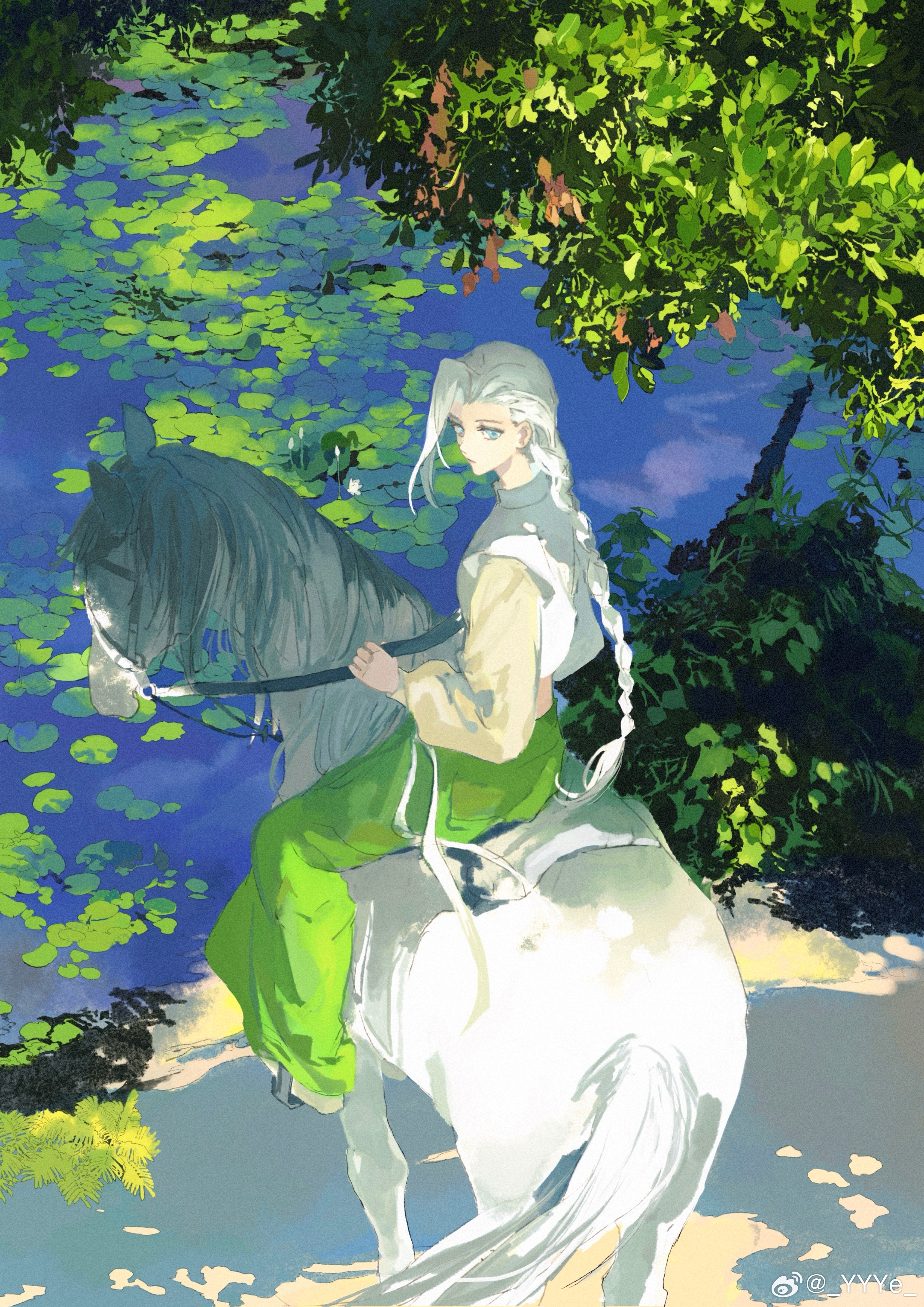 ye (ran chiiipye), luo xiaohei zhanji, absurdres, highres, 1girl, blue eyes, braid, braided ponytail, from behind, green pants, horse, horseback riding, lily pad, long hair, long sleeves, looking back, luye (the legend of luoxiaohei), outdoors, pants, riding, solo, wide shot