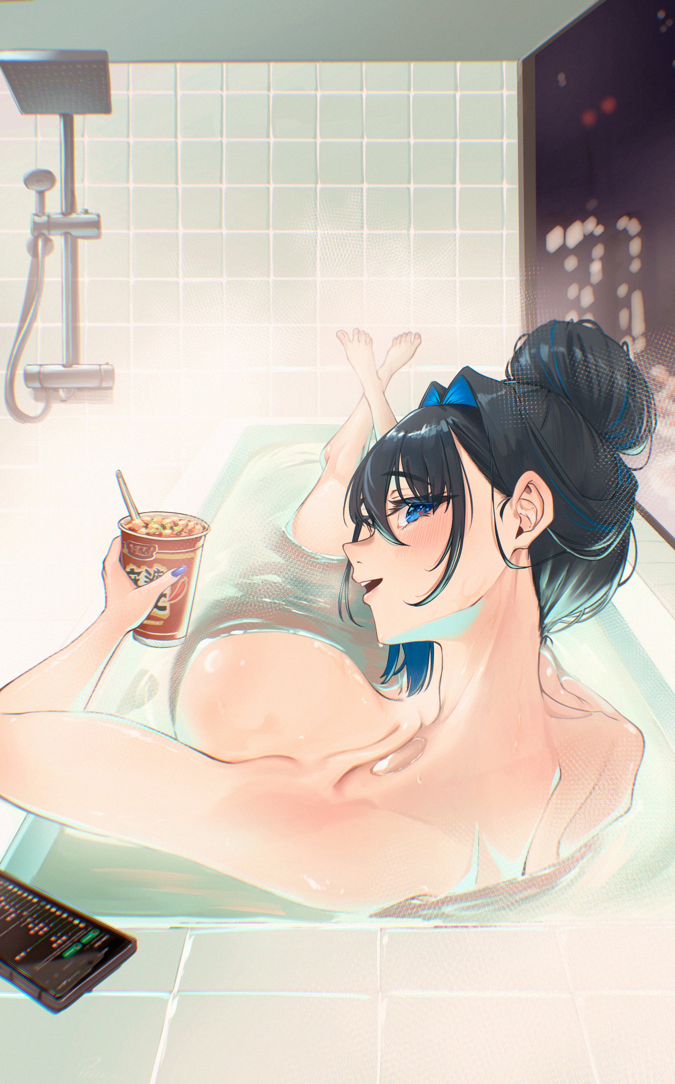 eipanguino, ouro kronii, hololive, hololive english, absurdres, highres, 1girl, black hair, blue eyes, blue hair, breasts, completely nude, cup ramen, from behind, hair bun, indoors, large breasts, looking at viewer, looking back, multicolored hair, nude, partially submerged, solo, steam, two-tone hair, virtual youtuber
