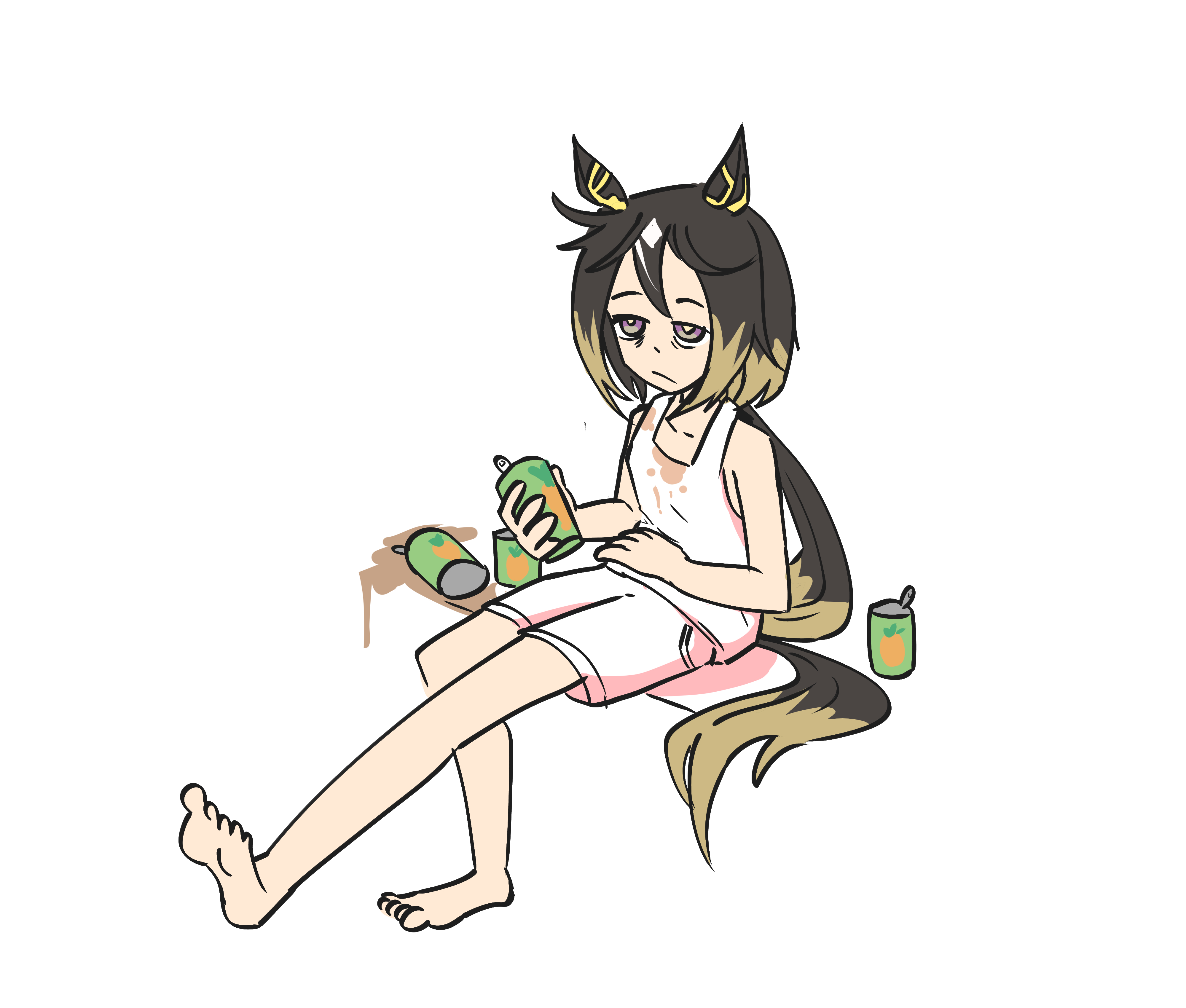starlinkman, stay gold (umamusume), umamusume, absurdres, commentary, english commentary, highres, 1girl, animal ears, bags under eyes, barefoot, beer can, black hair, brown hair, can, carrot print, closed mouth, drink can, drunk, expressionless, flat chest, food print, full body, horse ears, horse girl, horse tail, long hair, multicolored hair, purple eyes, shorts, simple background, sitting, solo, stained clothes, tail, tank top, two-tone hair, white background, white shorts, white tank top