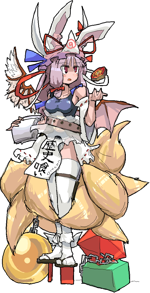 iyau, cirno, ex-keine, hakurei reimu, ibuki suika, izayoi sakuya, kamishirasawa keine, kirisame marisa, morichika rinnosuke, mystia lorelei, onozuka komachi, patchouli knowledge, reisen udongein inaba, remilia scarlet, rumia, saigyouji yuyuko, shameimaru aya, shiki eiki, tokiko (touhou), yakumo ran, yakumo yukari, touhou, looking away, annotated, 1girl, animal ears, bat wings, blonde hair, book, bow, breasts, caved (touhou), chain, chimera, chimerism, circled 9, cosplay, everyone, female focus, fox tail, frills, fundoshi, fusion, geta, hair bow, hair ribbon, hat, hat bow, hat ribbon, japanese clothes, knife, large breasts, mini-hakkero, multiple tails, oekaki, open mouth, pinky out, purple eyes, purple hair, rabbit ears, red eyes, ribbon, solo, tail, tengu-geta, thighhighs, what, white thighhighs, wings, zettai ryouiki
