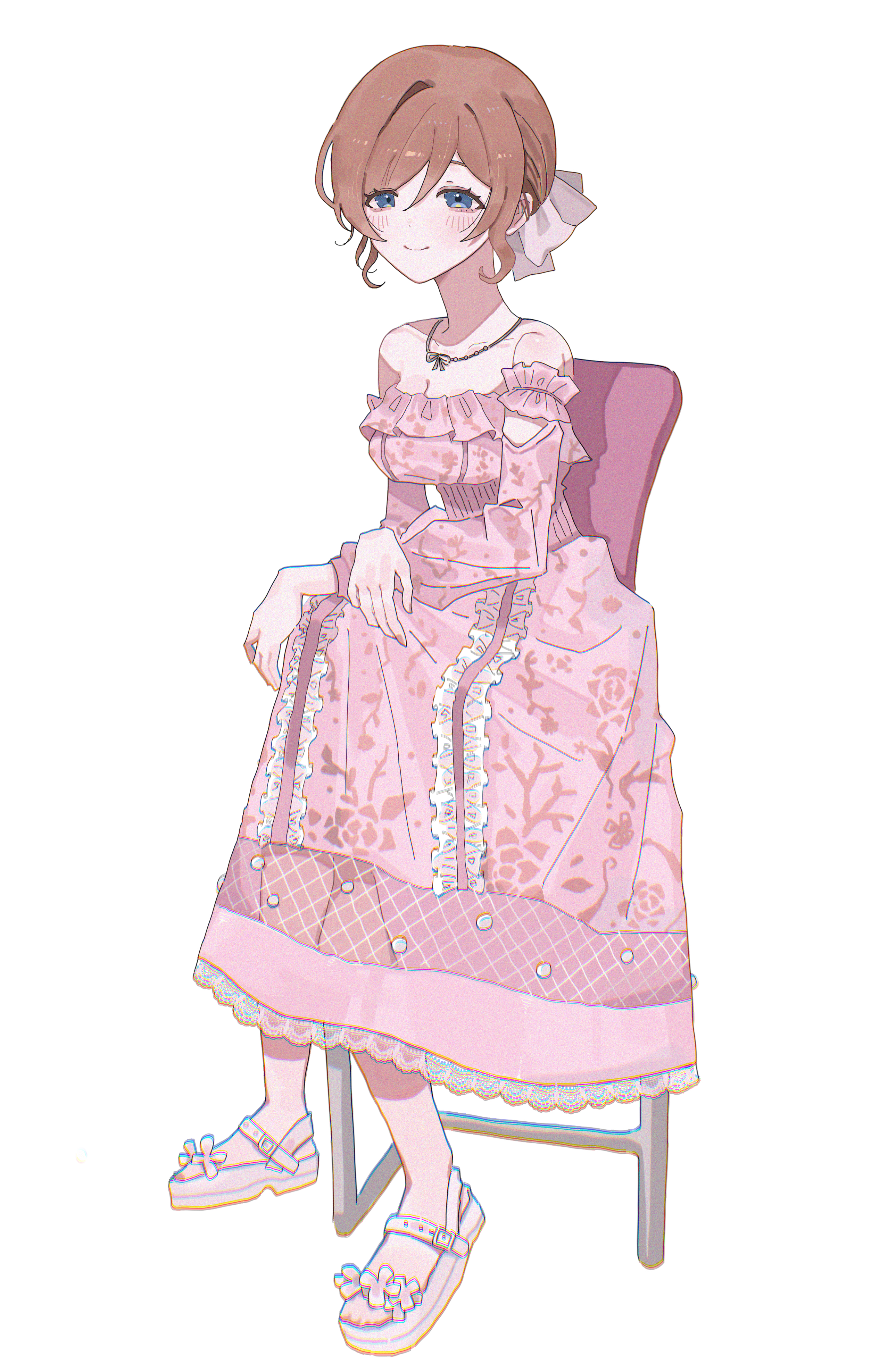 na yaa0 0, himesaki rinami, gakuen idolmaster, idolmaster, absurdres, highres, 1girl, blush, breasts, brown hair, chair, dress, floral print, frilled dress, frills, full body, medium breasts, off-shoulder dress, off shoulder, on chair, pink dress, sandals, simple background, sitting, smile, solo, white background