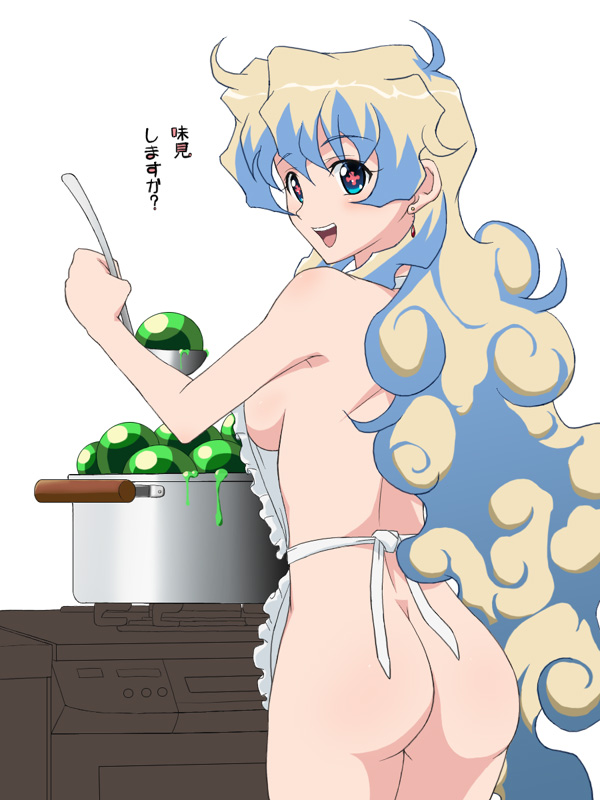 mameshiba (pixiv 59310), nia teppelin, tengen toppa gurren lagann, + +, 00s, 1girl, apron, ass, blue eyes, blue hair, blush, breasts, cooking, cross-shaped pupils, earrings, female focus, jewelry, long hair, looking back, matching hair/eyes, medium breasts, multicolored eyes, naked apron, open mouth, sideboob, smile, solo, symbol-shaped pupils, very long hair
