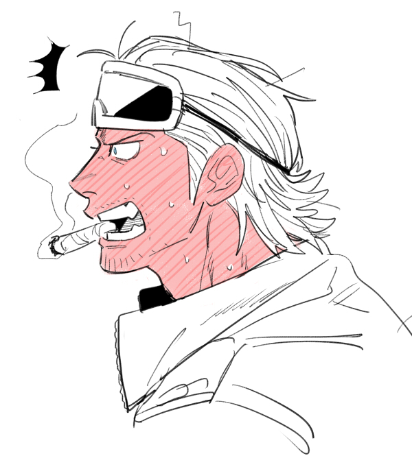 chanko neru, paulie (one piece), one piece, commentary, 1boy, beard, blue eyes, blush, cigar, facial hair, goggles, goggles on head, hair slicked back, male focus, profile, short hair, smile, solo, spot color, sweatdrop