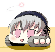 suigintou, rozen maiden, yawaraka sensha, vehicle, lowres, 1girl, caterpillar tracks, female focus, military, military vehicle, motor vehicle, parody, solo, tank