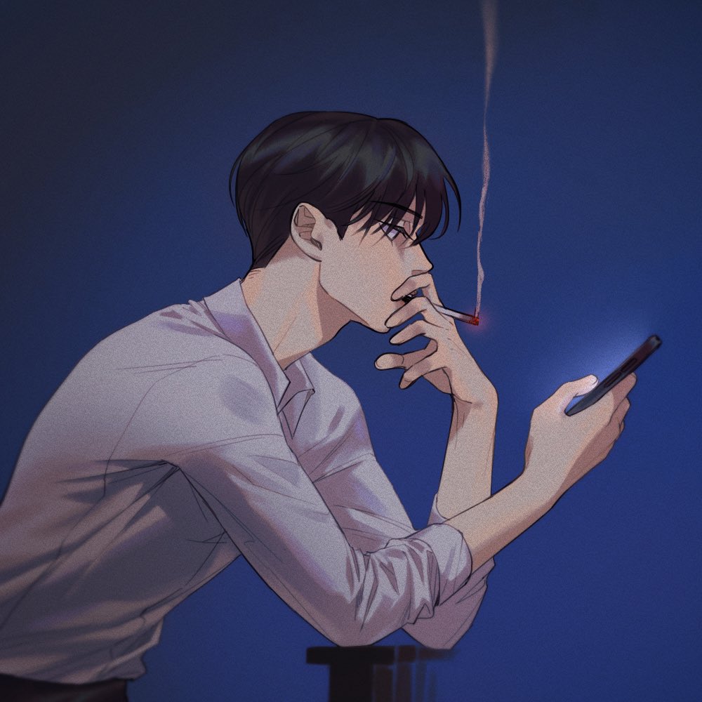 guding nut, kim dokja, omniscient reader's viewpoint, 1boy, against railing, black eyes, black hair, blank stare, cigarette, collared shirt, elbow rest, expressionless, from side, holding, holding cigarette, holding phone, looking at phone, male focus, phone, railing, shirt, short hair, sleeves rolled up, smoke, smoke trail, smoking, solo, white shirt