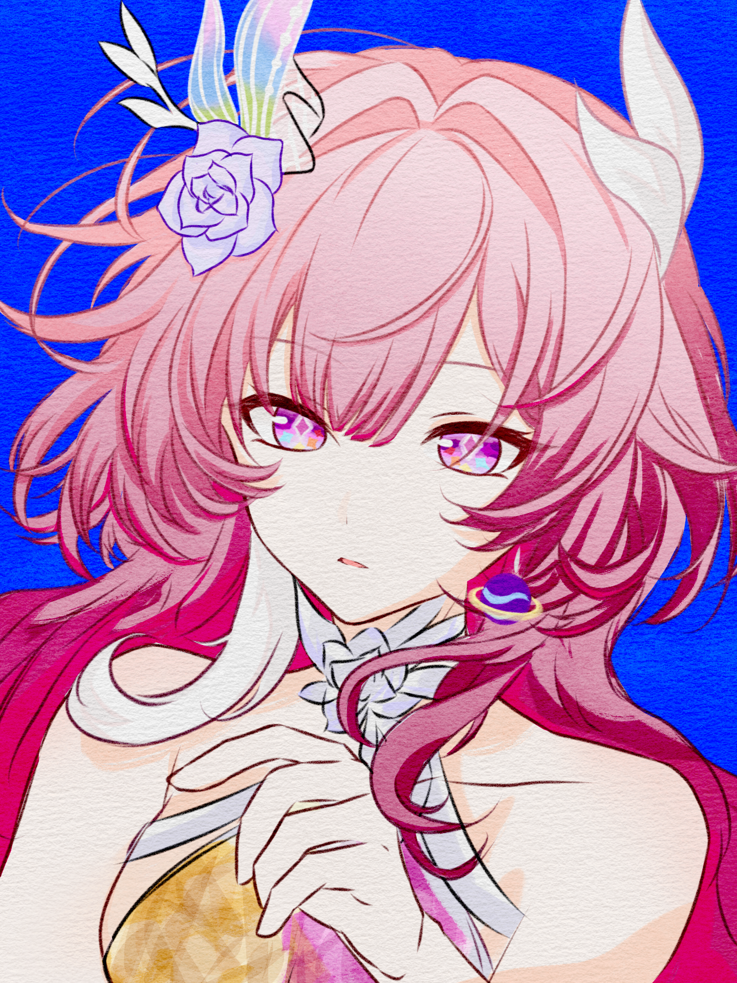 cyrene (honkai: star rail), cyrene (ripples of past reverie) (honkai: star rail), honkai: star rail, honkai (series), chinese commentary, commentary request, highres, 1girl, bare shoulders, blue background, diamond-shaped pupils, diamond (shape), dress, earrings, flower, hair flower, hair ornament, jewelry, long hair, multicolored hair, parted lips, pink hair, purple eyes, simple background, solo, symbol-shaped pupils, two-tone hair, upper body, very long hair, white dress, white hair, wuhuangwanhui