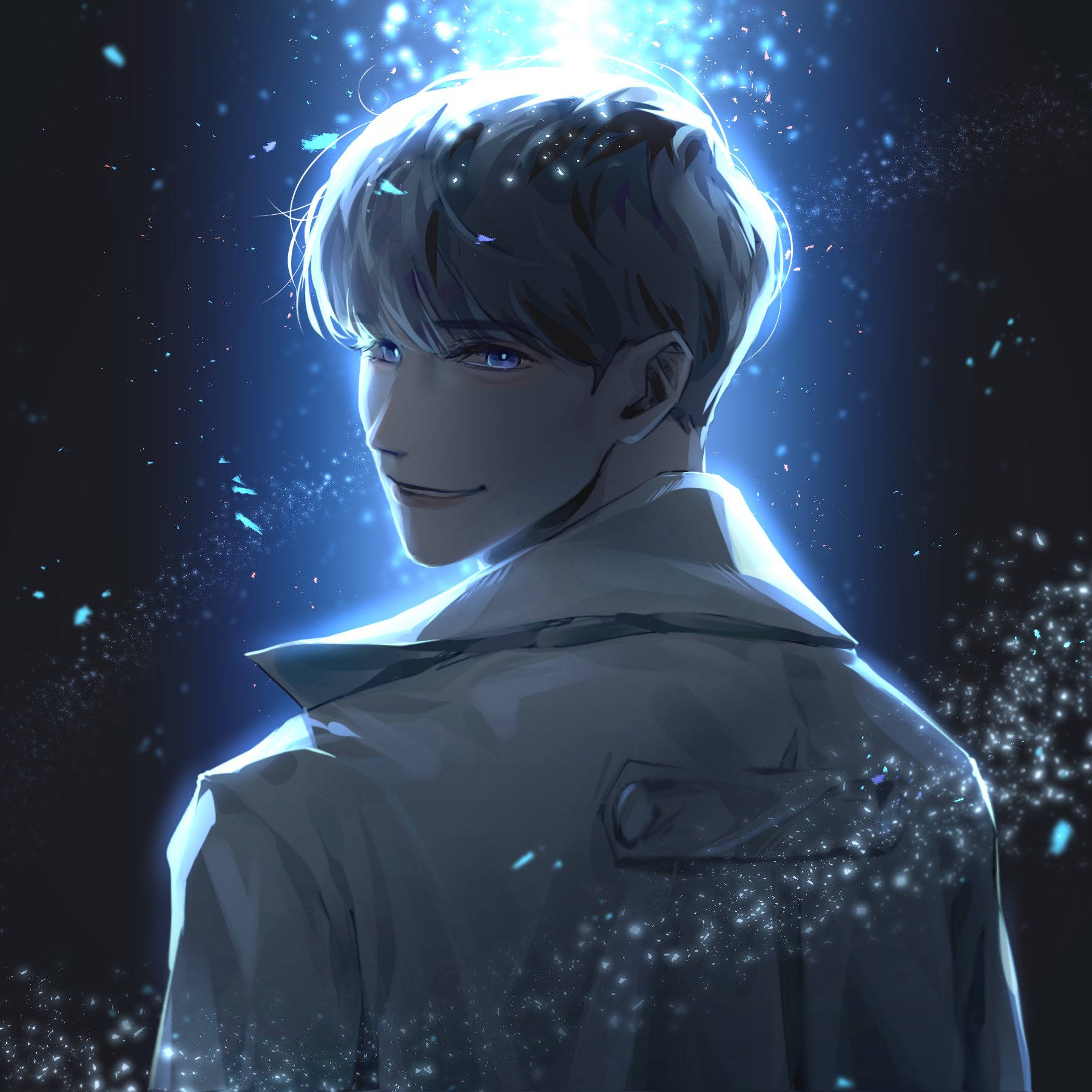 guding nut, kim dokja, omniscient reader's viewpoint, highres, 1boy, :d, blue eyes, blue theme, coat, from behind, glowing, grin, looking back, male focus, open mouth, popped collar, short hair, smile, solo, upper body, white coat, white hair