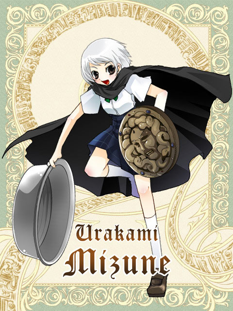 kaisanbutsu, silver rain, 1girl, :d, black skirt, blue eyes, bucket, cape, emblem, female focus, full body, high-waist skirt, leg up, loafers, open mouth, shirt, shoes, short hair, short sleeves, skirt, smile, solo, standing, standing on one leg, text focus, white hair, white shirt