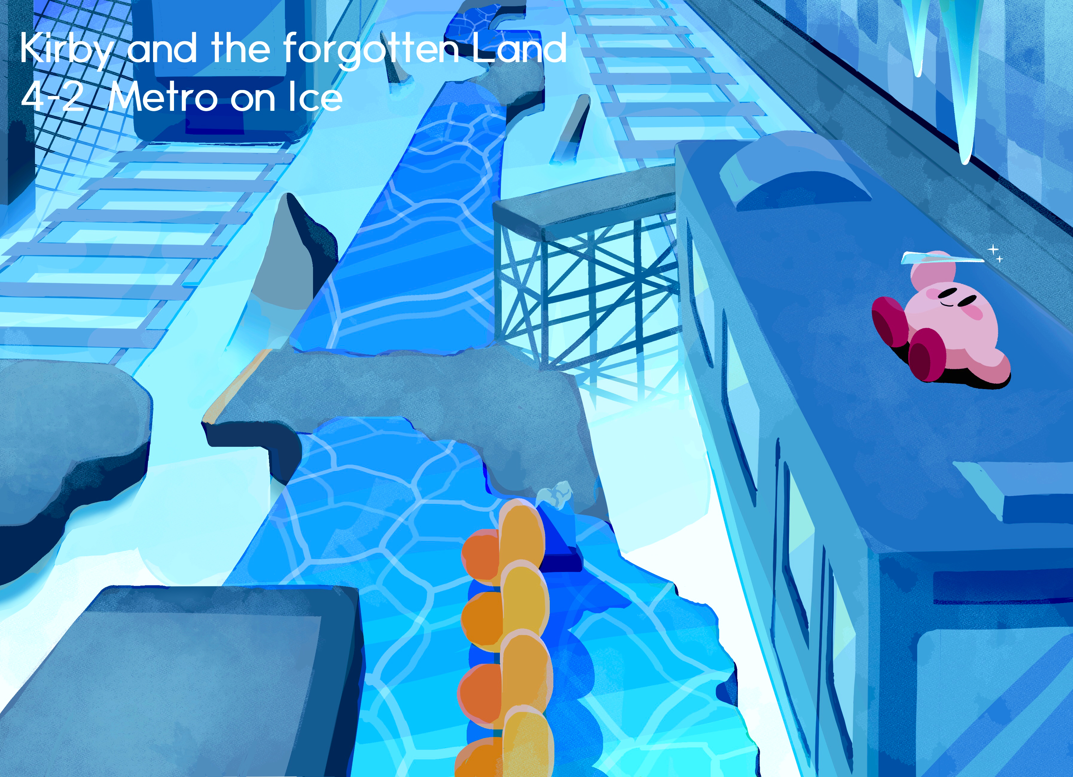 kirby, kirby (series), kirby and the forgotten land, nintendo, absurdres, highres, blush stickers, chair, colored skin, copyright name, icicle, in-universe location, no humans, pink skin, railroad tracks, solo, tako (katw4223), train