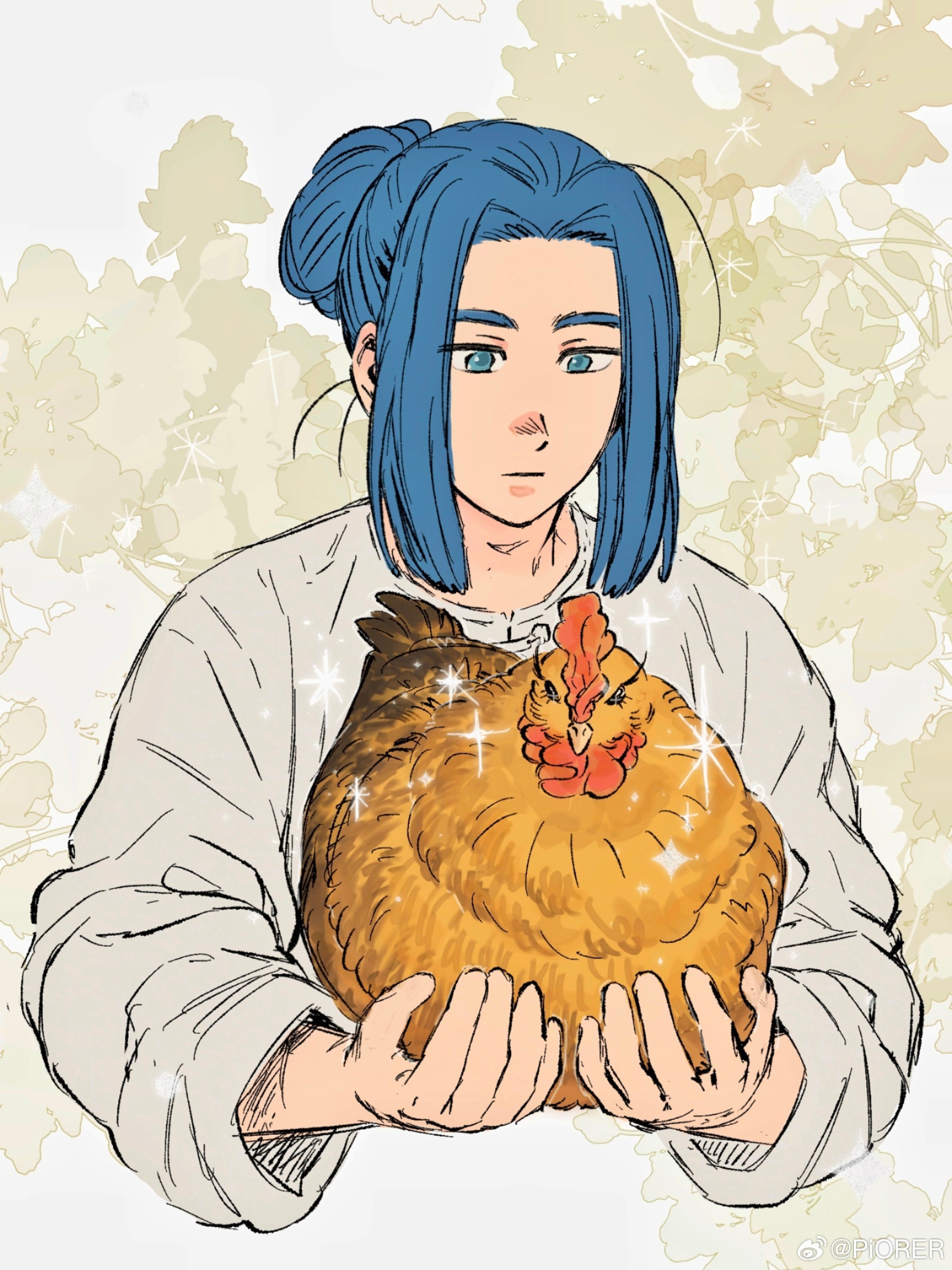 wuxian (the legend of luoxiaohei), luo xiaohei zhanji, highres, 1boy, animal, bird, blue eyes, blue hair, chicken, expressionless, grey shirt, hair bun, holding, holding animal, holding bird, long sleeves, shirt, sidelocks, solo, sparkle, upper body, weibo 3019806555