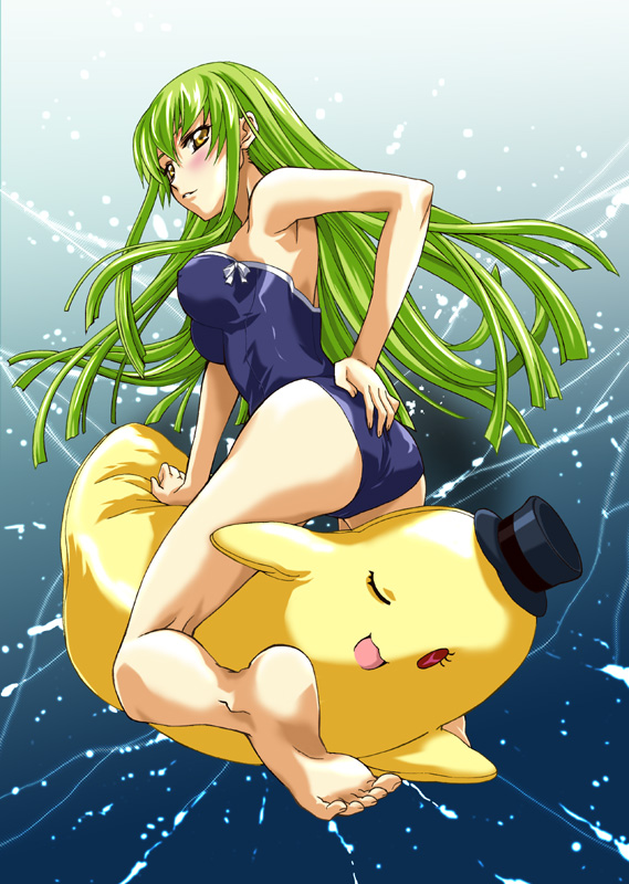 mikage nao, c.c., cheese-kun, code geass, pizza hut, 00s, 1girl, ass, barefoot, feet, female focus, green hair, kneeling, long hair, looking back, one-piece swimsuit, school swimsuit, soles, solo, swimsuit, yellow eyes