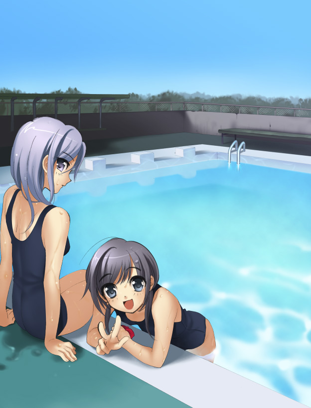 piyodera mucha, original, 2girls, :d, bench, black hair, black one-piece swimsuit, blue eyes, blue hair, blue sky, chain-link fence, day, female focus, fence, leaning forward, looking at viewer, multiple girls, one-piece swimsuit, open mouth, outdoors, partially submerged, pool, pool ladder, poolside, profile, reflection, school swimsuit, sitting, sky, smile, swimsuit, v, water, wet