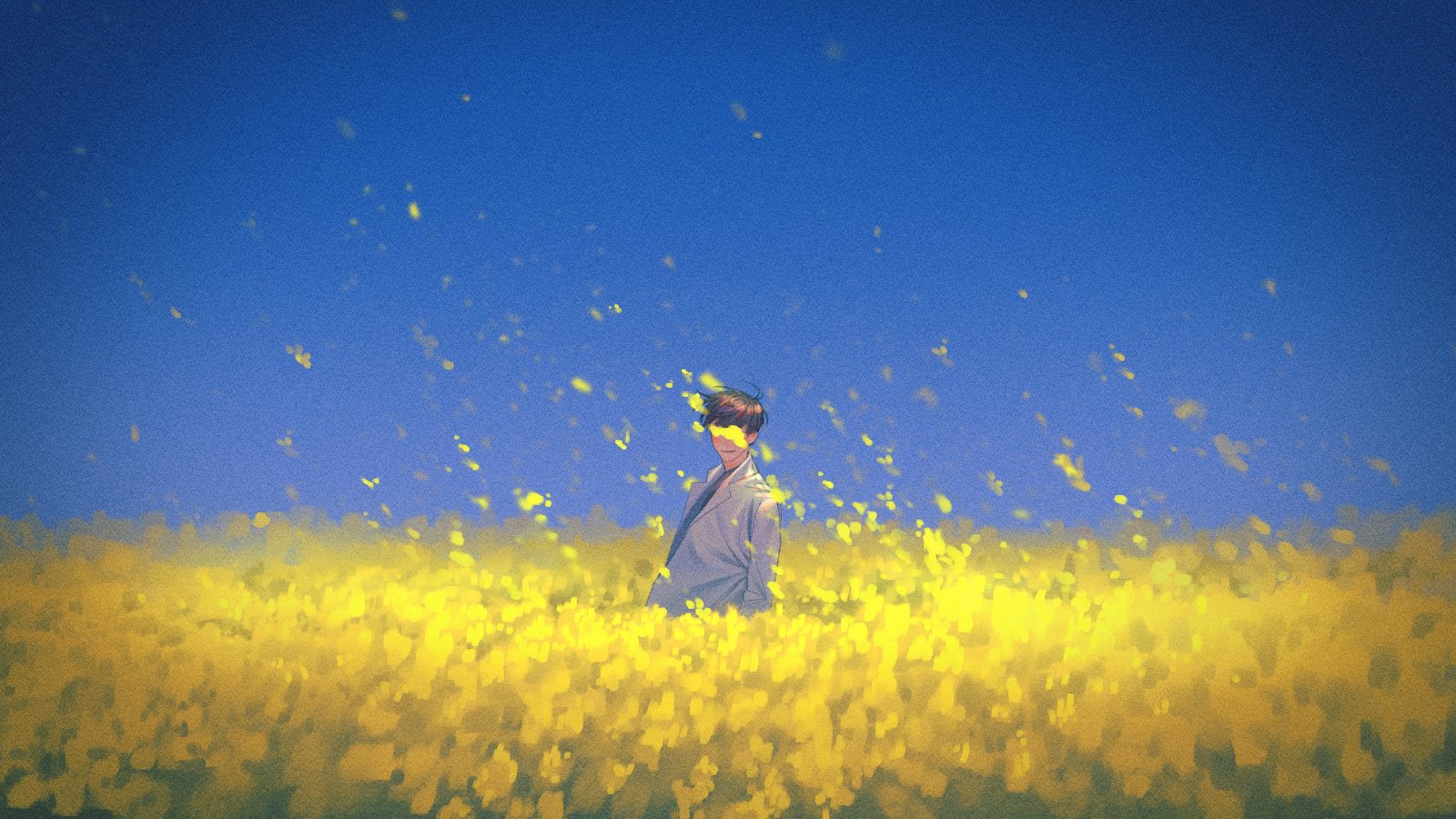 guding nut, kim dokja, omniscient reader's viewpoint, highres, 1boy, black hair, black shirt, censored, coat, facing viewer, falling petals, field, flower, flower field, limited palette, male focus, petals, popped collar, shirt, short hair, solo, standing, sunflower, sunflower field, too many flowers, upper body, white coat, wind