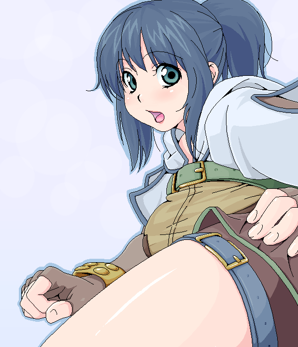 amami amayu, hunter (ragnarok online), ragnarok online, 1girl, belt, blue hair, breasts, female focus, fingerless gloves, gloves, green eyes, large breasts, looking at viewer, looking back, open mouth, ponytail, simple background, solo