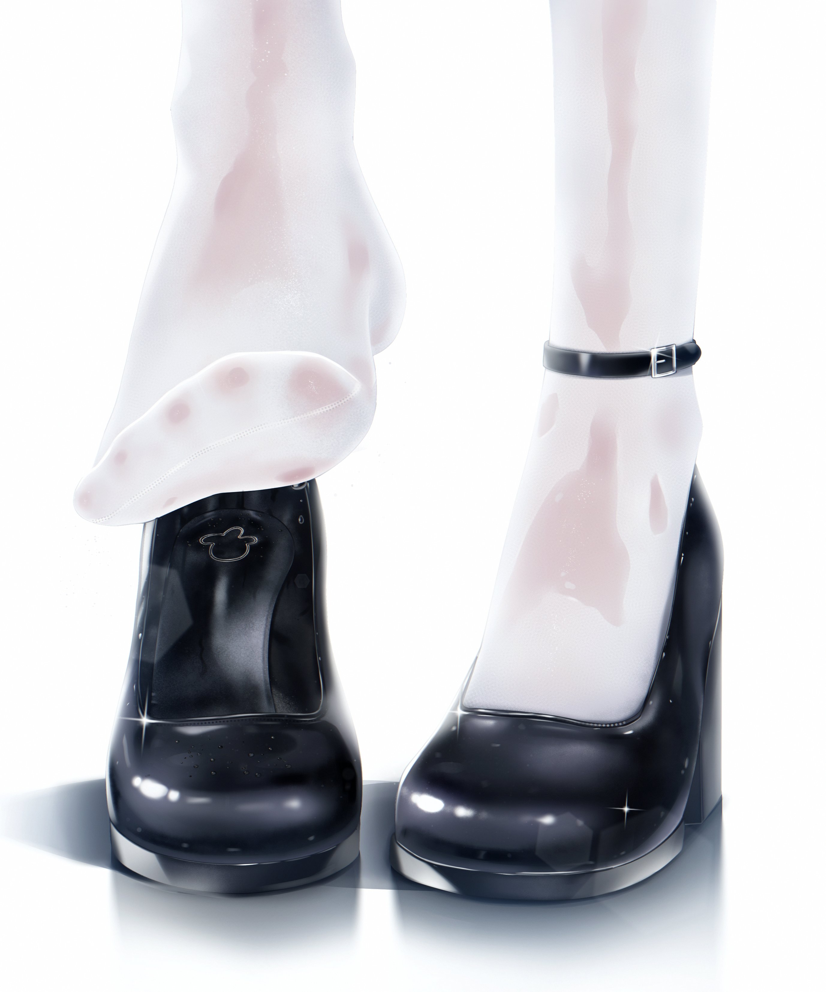 luke s (artist), nimi nightmare, indie virtual youtuber, absurdres, highres, 1girl, ankle strap, black shoes, feet only, footwear focus, pantyhose, shiny footwear, shoes, simple background, solo, virtual youtuber, white background, white pantyhose
