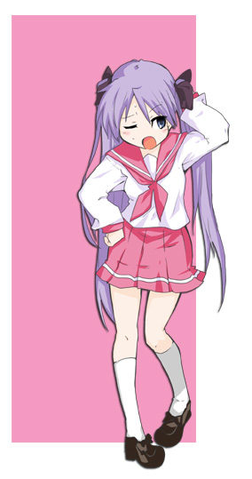 tsukiyo rei, hiiragi kagami, lucky star, 00s, 1girl, ascot, blue eyes, female focus, full body, hand on own head, hand on own hip, long hair, one eye closed, open mouth, pink ascot, pink skirt, purple hair, school uniform, serafuku, shoes, skirt, socks, solo, standing, twintails, very long hair, white socks