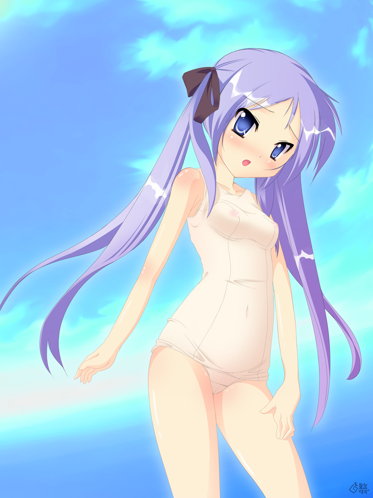 natsumiya yuzu, hiiragi kagami, lucky star, 00s, 1girl, bare shoulders, blue eyes, blush, breasts, cloud, collarbone, covered navel, day, embarrassed, female focus, hair ribbon, long hair, navel, nipples, one-piece swimsuit, open mouth, outdoors, purple hair, ribbon, school swimsuit, see-through clothes, sky, small breasts, solo, swimsuit, thighs, tsurime, twintails, white one-piece swimsuit, white school swimsuit