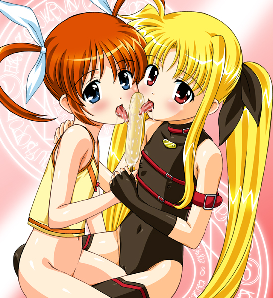 vogue, fate testarossa, fate testarossa (lightning form), takamachi nanoha, lyrical nanoha, mahou shoujo lyrical nanoha, 00s, 2girls, blonde hair, blue eyes, blush, bottomless, camisole, fingerless gloves, flat chest, food, gloves, holding hands, licking, loli, long hair, multiple girls, orange hair, popsicle, red eyes, saliva, sexually suggestive, strap, thighhighs, tongue, twintails, very long hair