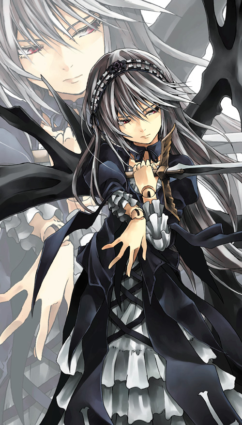 raid slash, suigintou, rozen maiden, looking away, silver hair, 00s, 1girl, detached collar, doll joints, dress, female focus, gothic lolita, hairband, joints, lolita fashion, lolita hairband, long hair, red eyes, solo, sword, weapon, wings, zoom layer