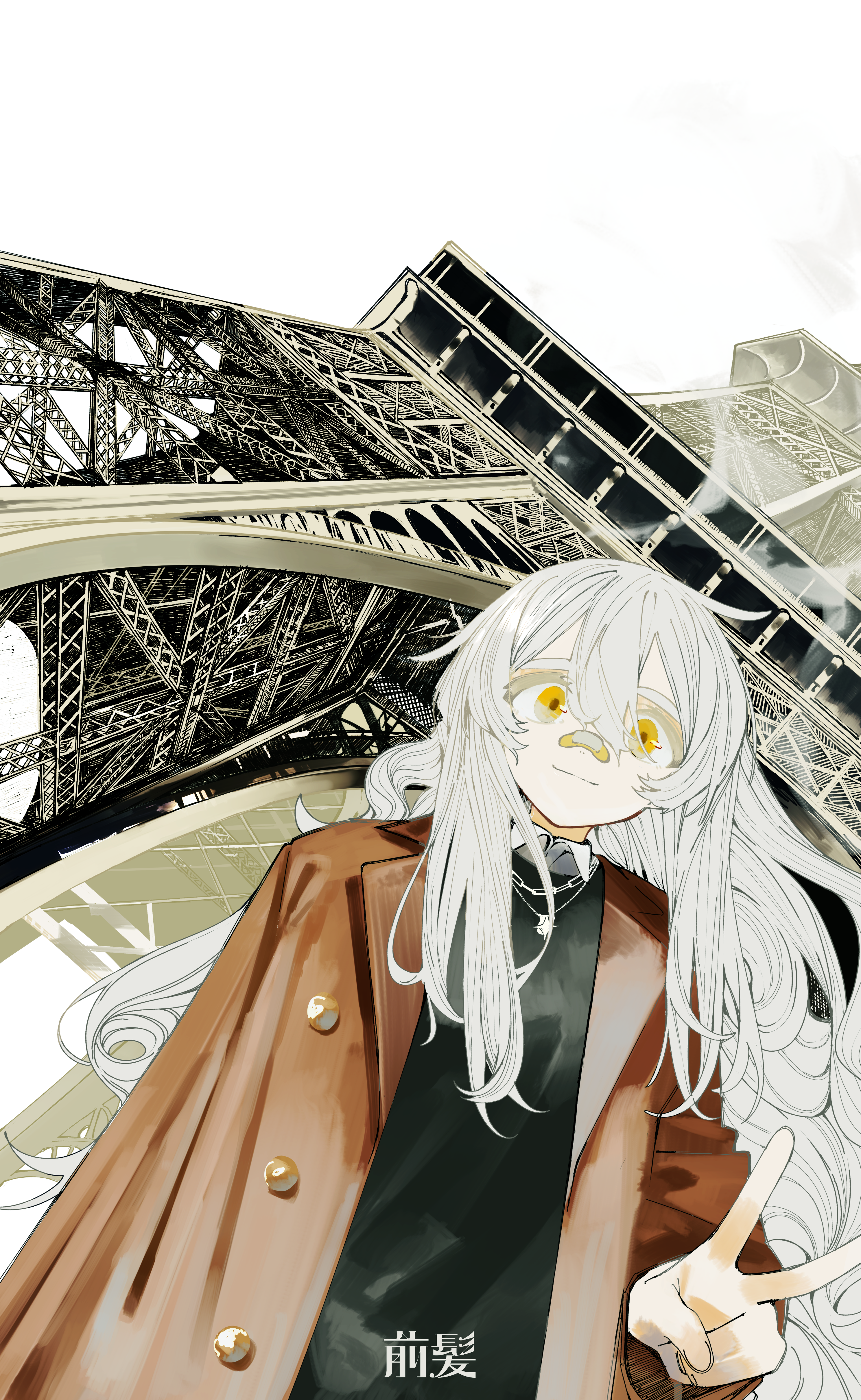 maegami (daisuki oekaki1), original, absurdres, commentary request, highres, 1girl, bandaid, bandaid on face, bandaid on nose, black sweater, brown coat, closed mouth, coat, eiffel tower, grey hair, jewelry, long hair, looking at viewer, necklace, solo, sweater, v, yellow eyes